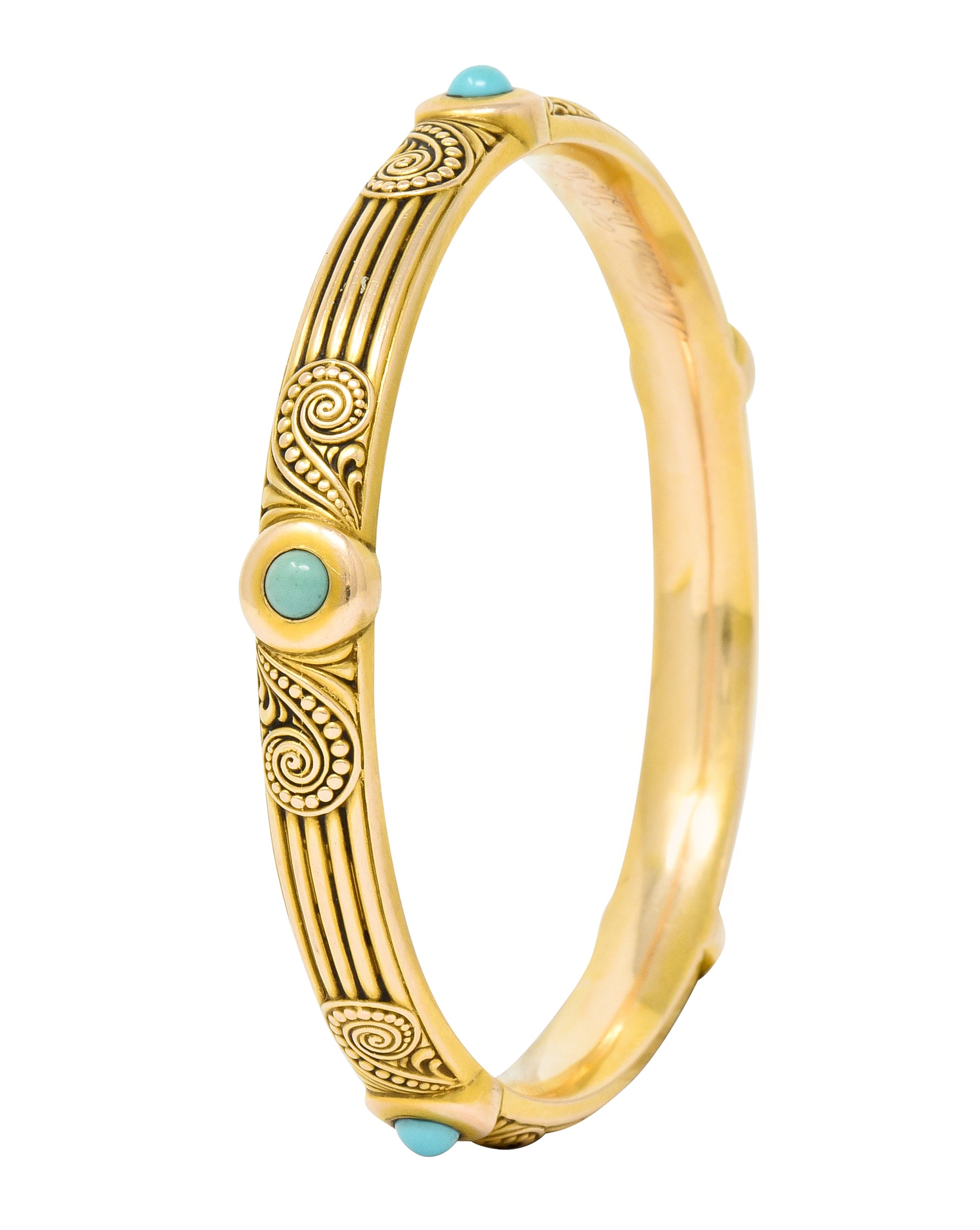 Riker Brothers Art Nouveau Turquoise Cabochon 14 Karat Gold Bangle Bracelet - Wilson's Estate Jewelry