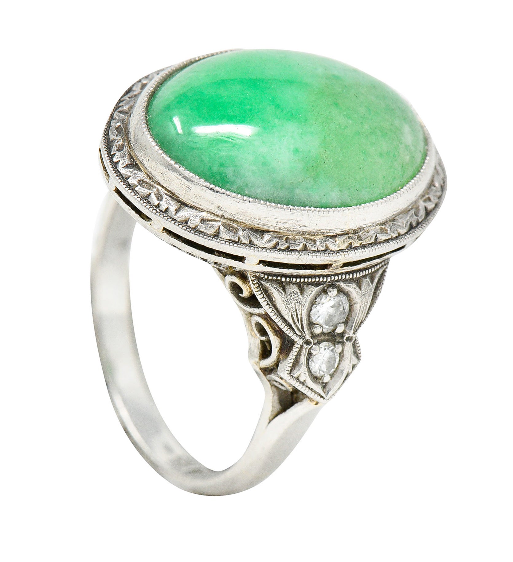 Art Deco Jade Diamond Platinum Cabochon RingRing - Wilson's Estate Jewelry