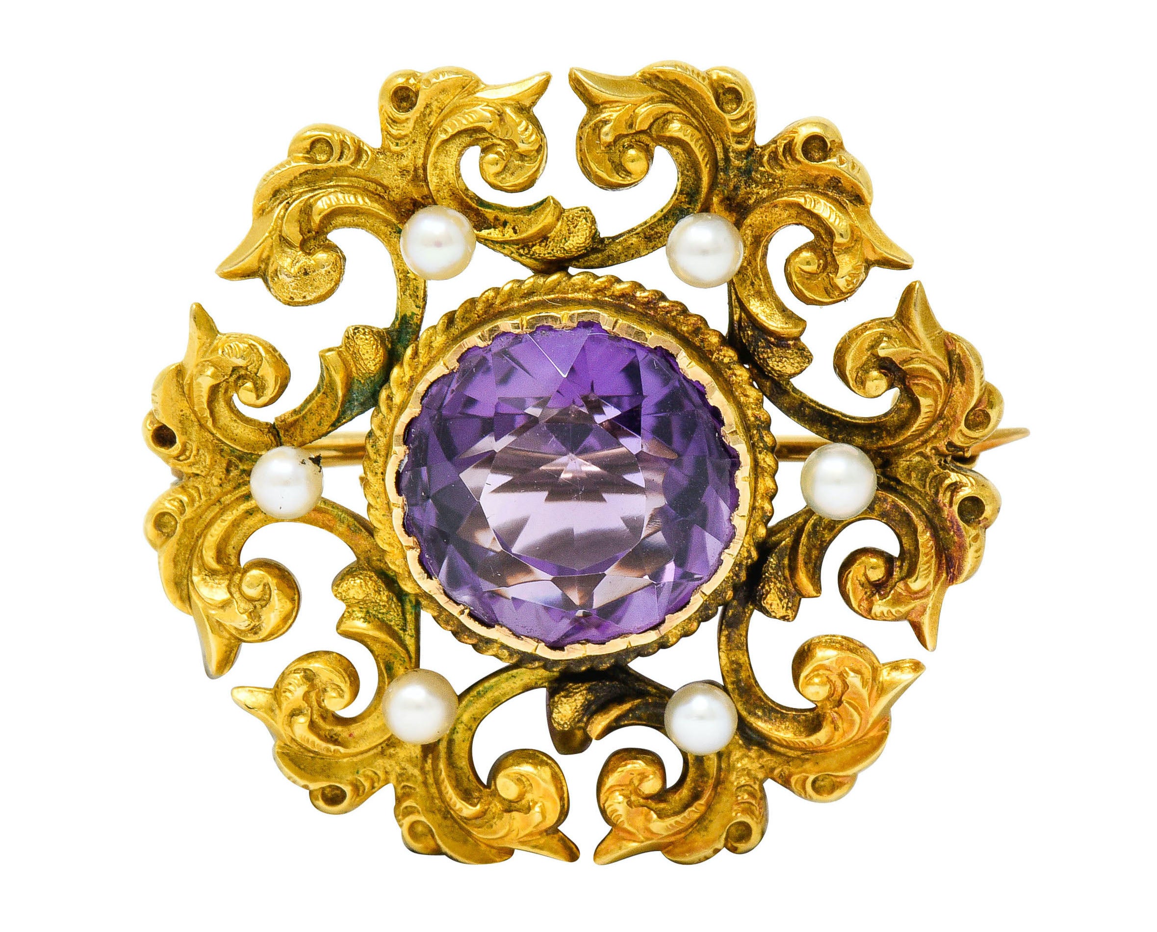 Art Nouveau Amethyst Pearl 14 Karat Gold Watch Pin BroochBrooch - Wilson's Estate Jewelry