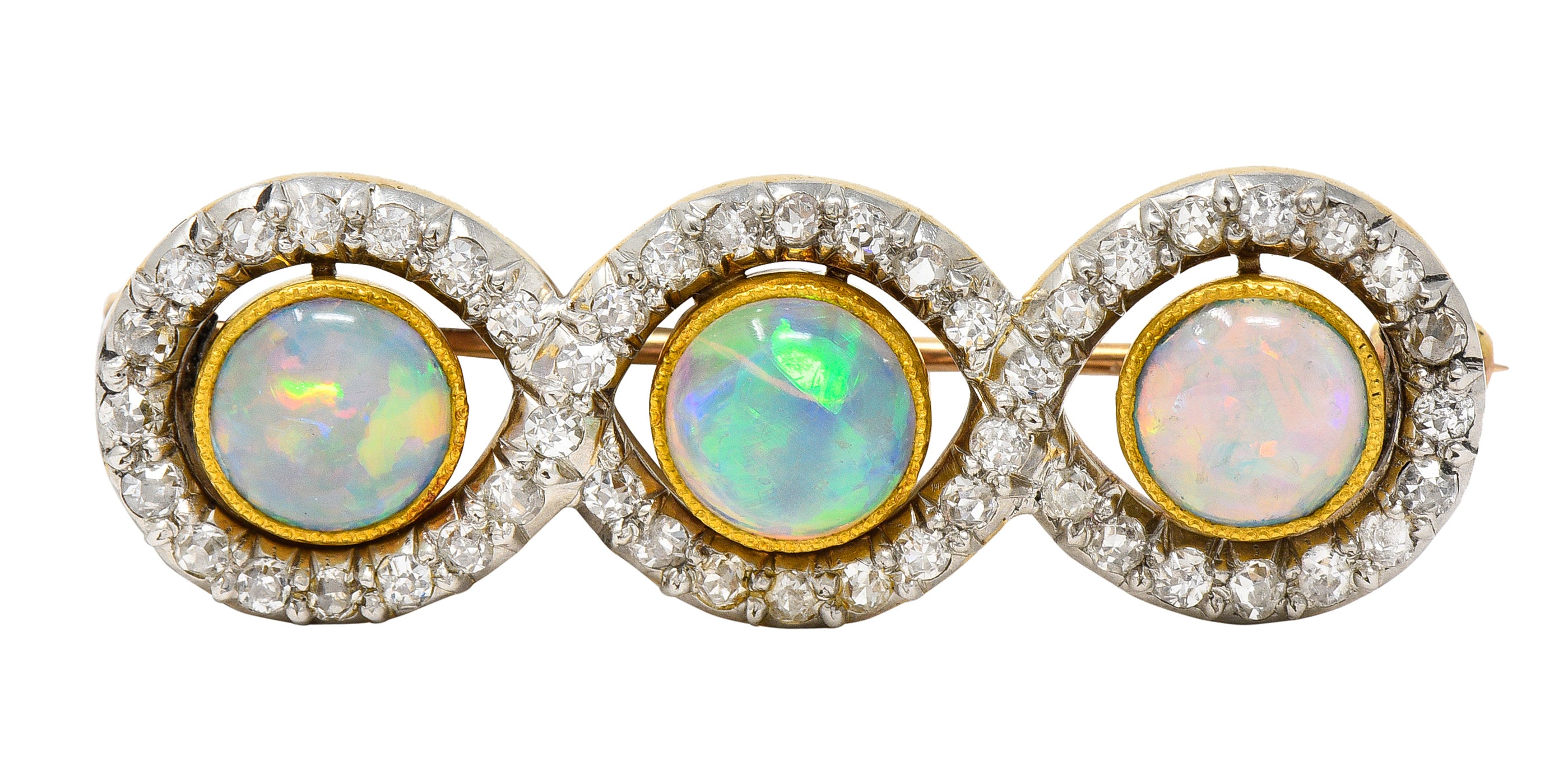 Edwardian Opal 1.00 CTW Diamond Platinum-Topped 18 Karat Gold Infinity Brooch Wilson's Estate Jewelry