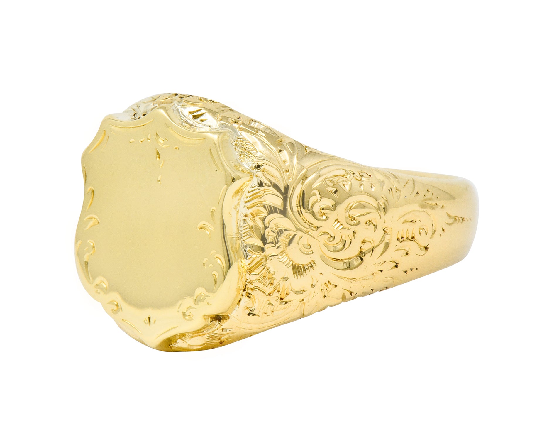 Victorian 18 Karat Yellow Gold Unisex Floral Shield Unisex Signet Ring - Wilson's Estate Jewelry