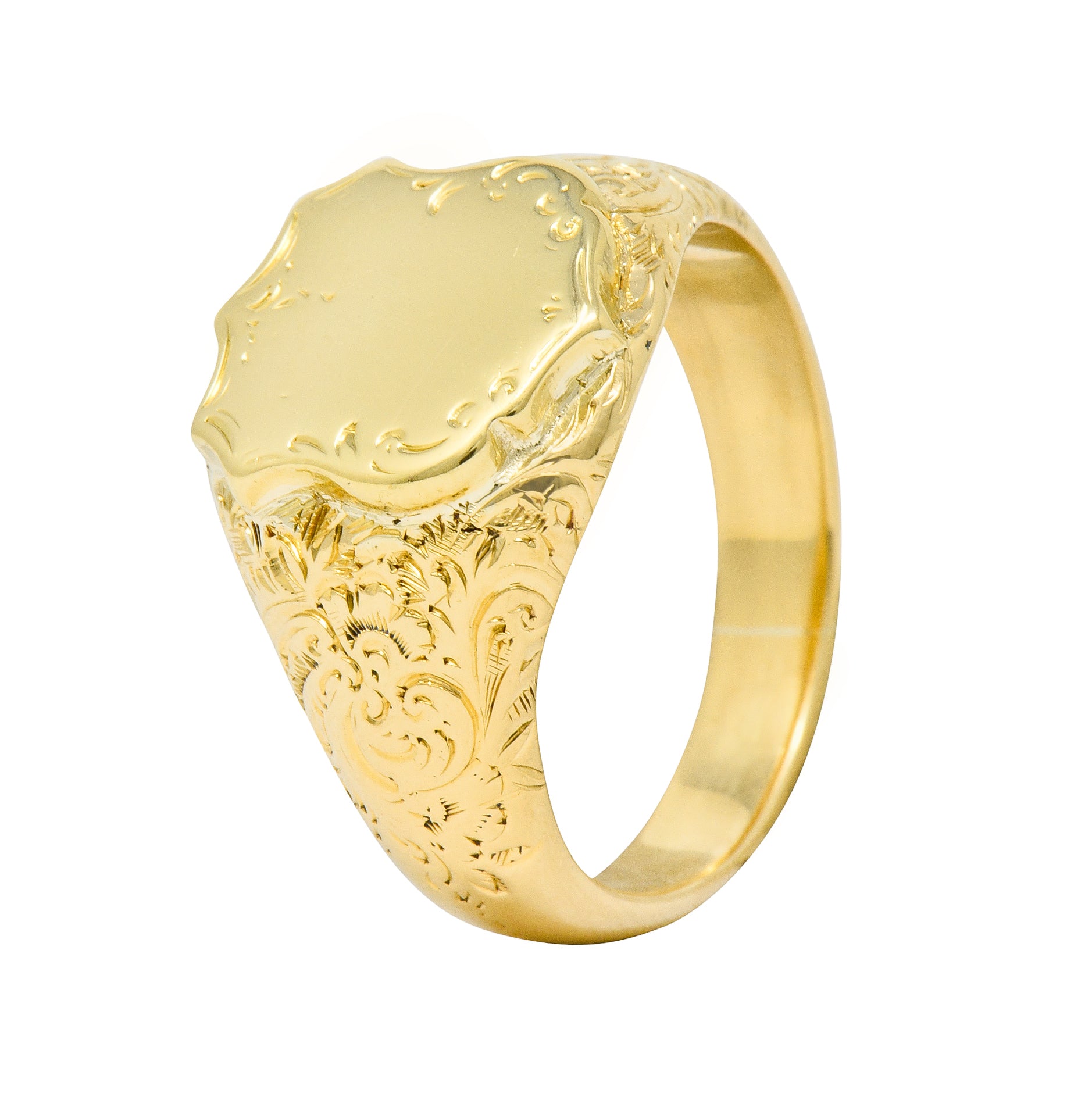 Victorian 18 Karat Yellow Gold Unisex Floral Shield Unisex Signet Ring - Wilson's Estate Jewelry