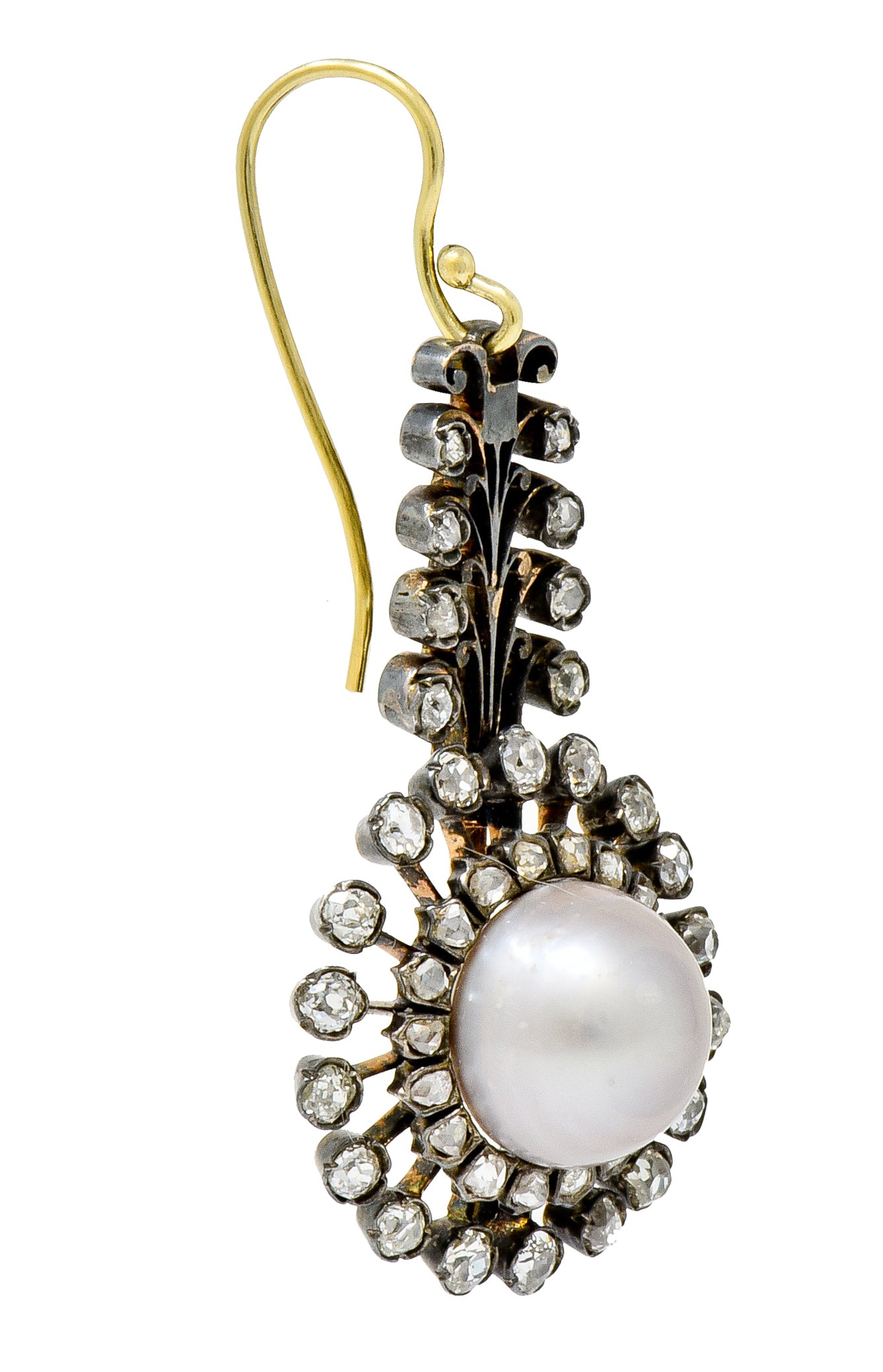 Victorian Diamond Natural Saltwater Pearl Silver-Topped Gold Foliate Drop Earrings GIA - Wilson's Estate Jewelry