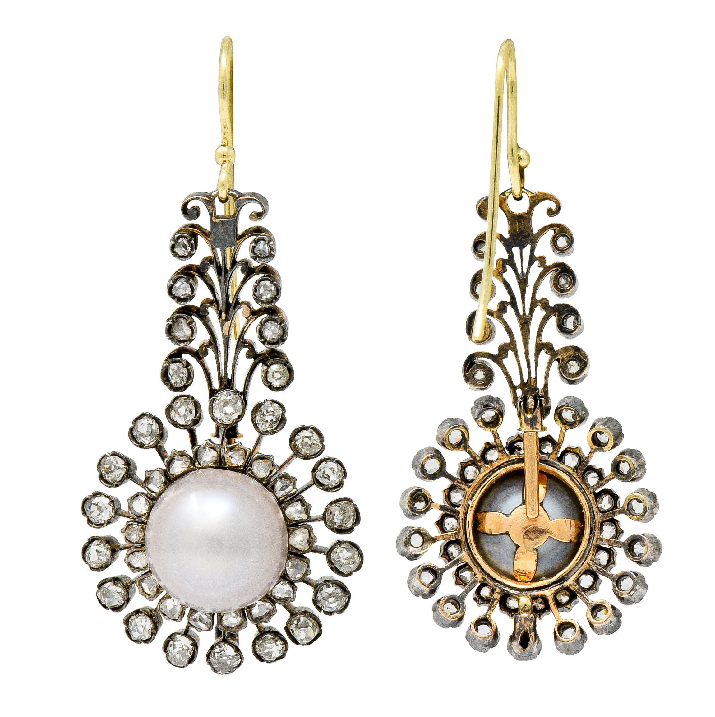 Victorian Diamond Natural Saltwater Pearl Silver-Topped Gold Foliate Drop Earrings GIA - Wilson's Estate Jewelry