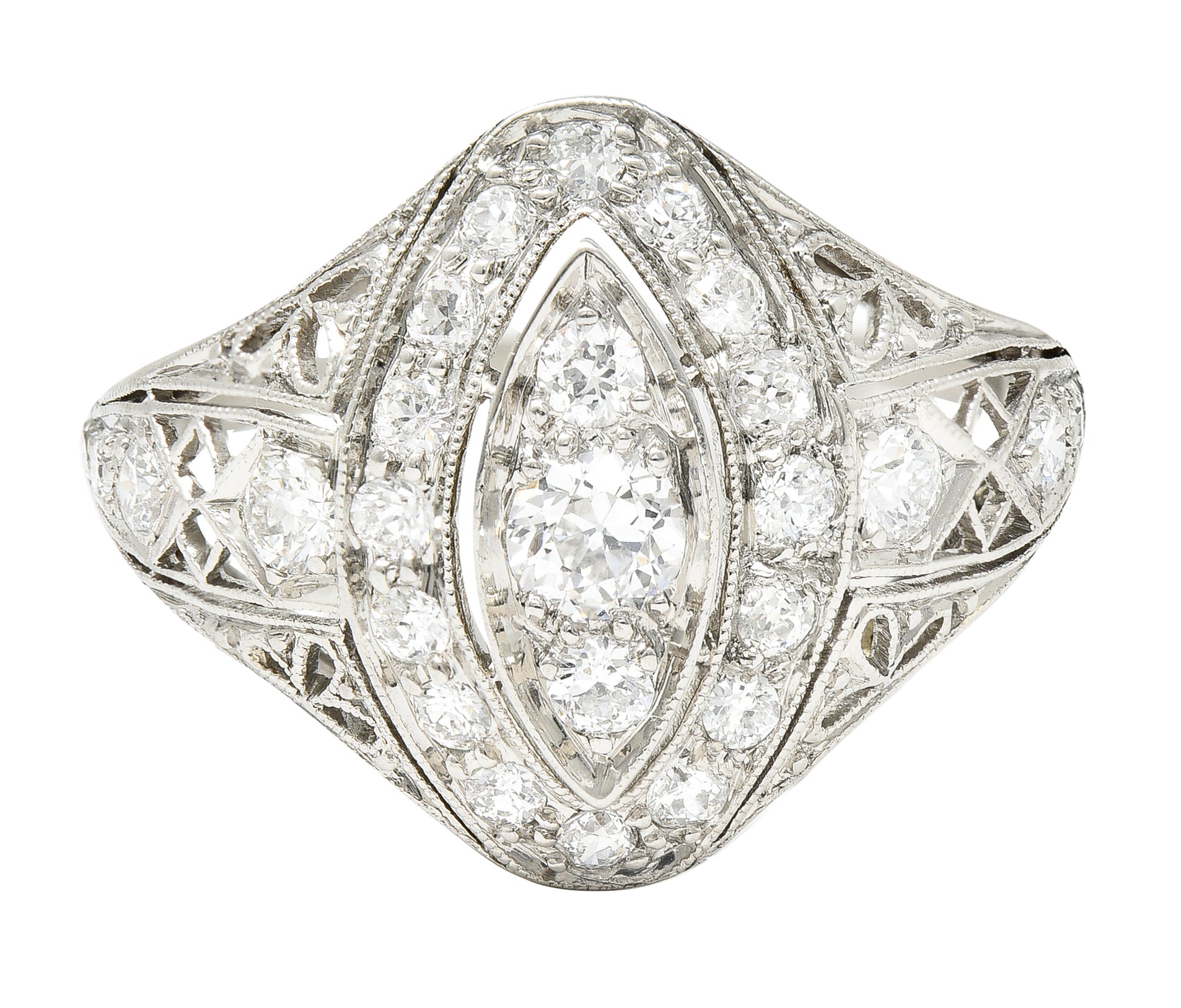 Art Deco 0.72 CTW Old European Cut Diamond Platinum Foliate Filigree Navette Dinner Ring Wilson's Estate Jewelry