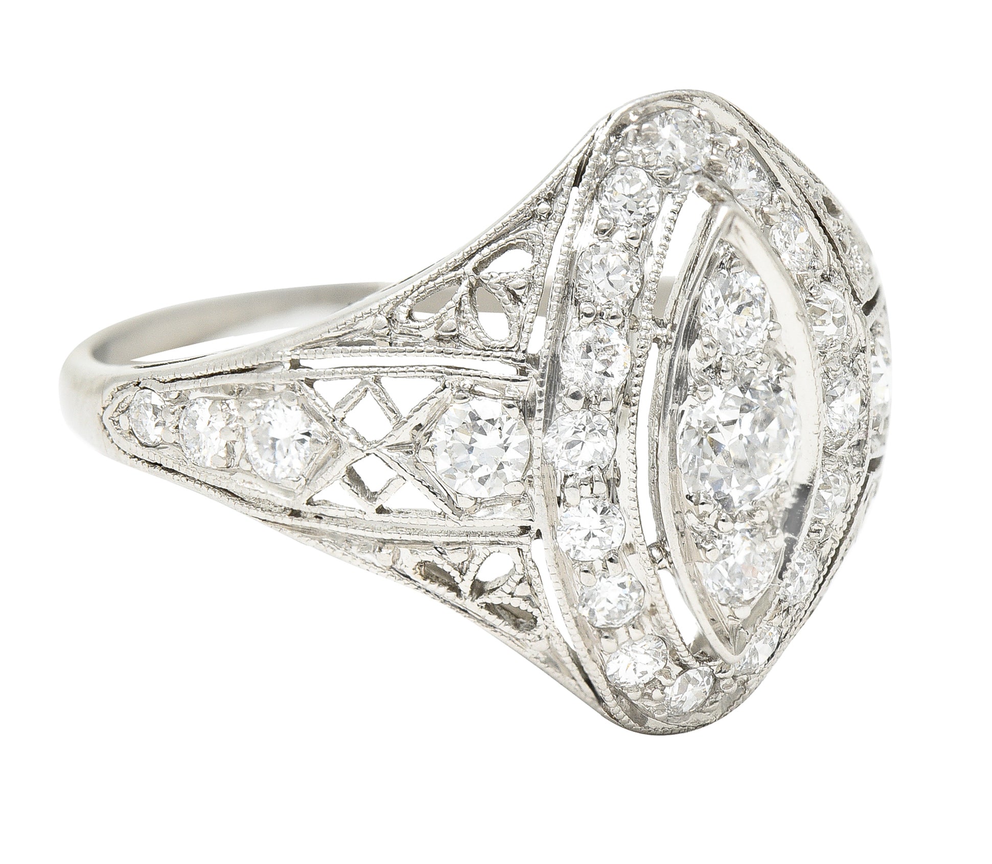 Art Deco 0.72 CTW Old European Cut Diamond Platinum Foliate Filigree Navette Dinner Ring Wilson's Estate Jewelry