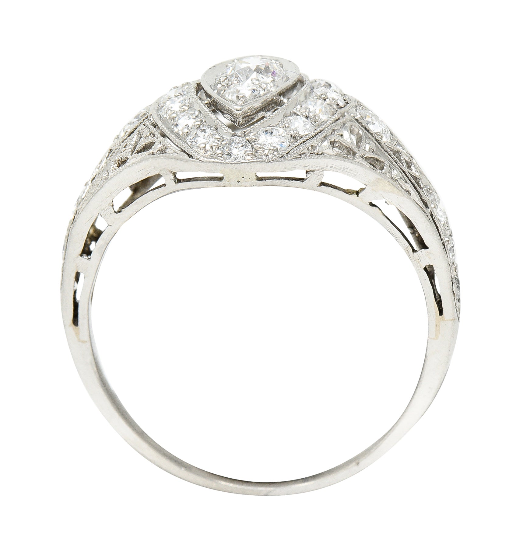 Art Deco 0.72 CTW Old European Cut Diamond Platinum Foliate Filigree Navette Dinner Ring Wilson's Estate Jewelry