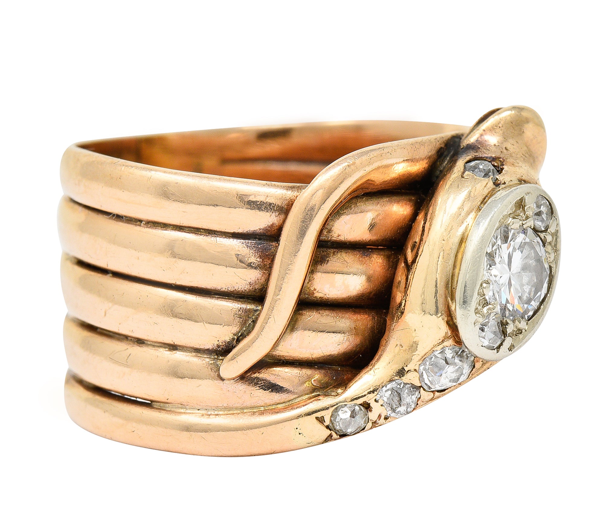 1920's Art Deco 0.67 CTW Diamond 14 Karat Two-Tone Gold Snake Ring Wilson's Estate Jewelry