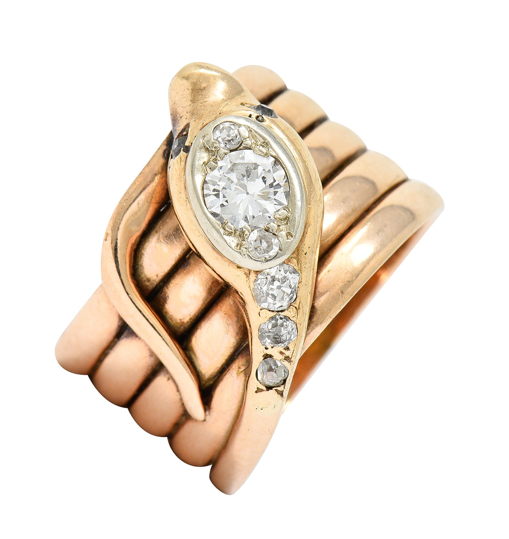 1920's Art Deco 0.67 CTW Diamond 14 Karat Two-Tone Gold Snake Ring Wilson's Estate Jewelry