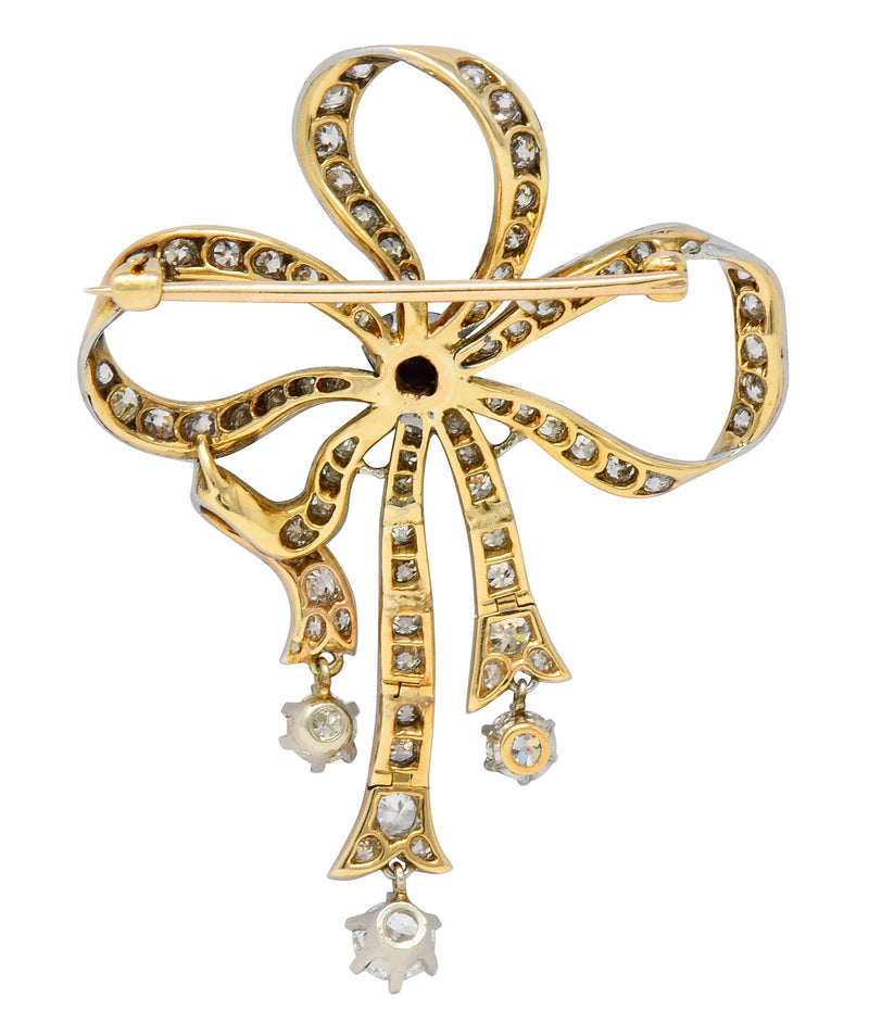 Edwardian 5.48 CTW Ruby Diamond Platinum-Topped 14 Karat Gold Bow BroochBrooch - Wilson's Estate Jewelry