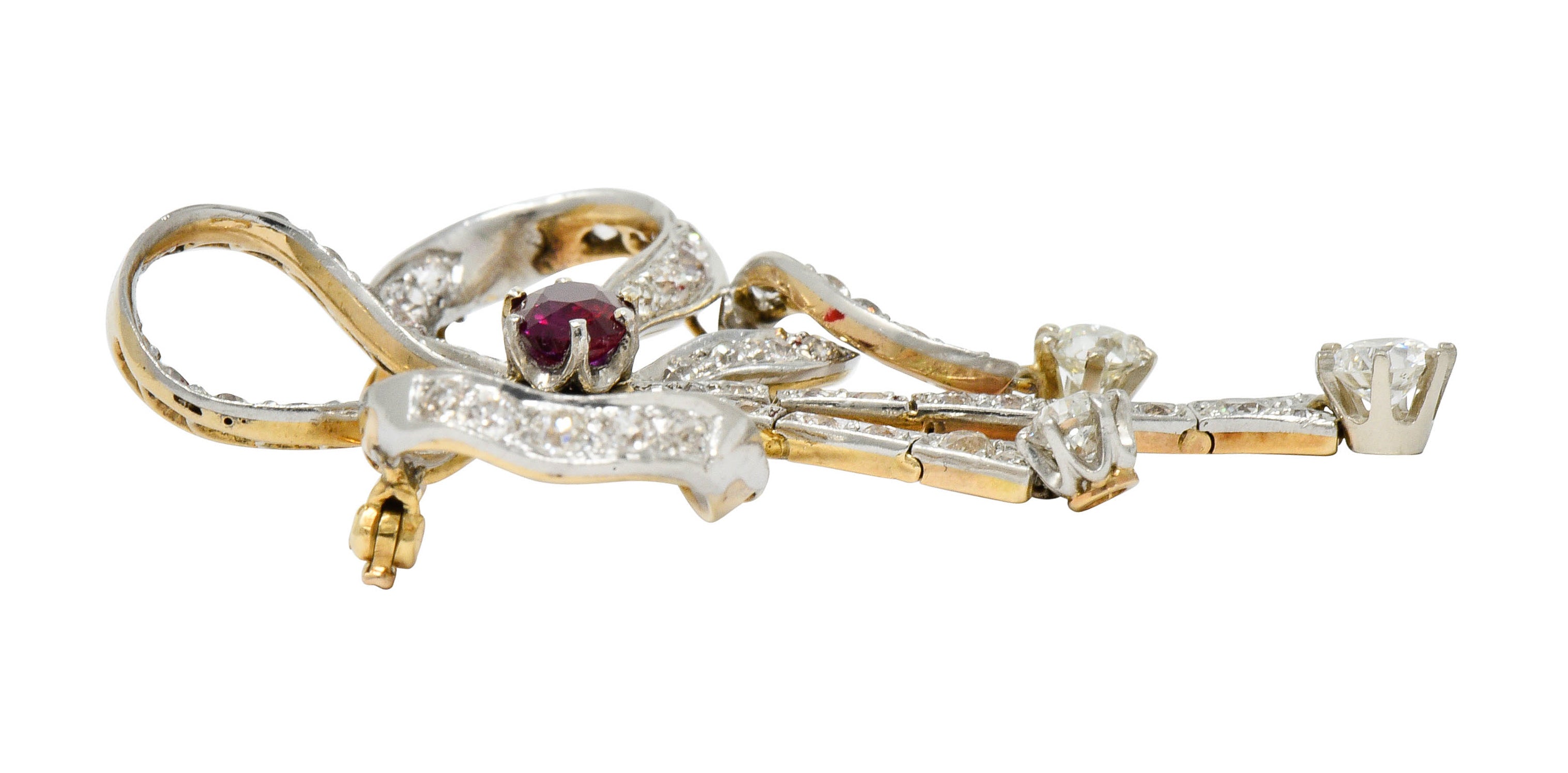 Edwardian 5.48 CTW Ruby Diamond Platinum-Topped 14 Karat Gold Bow BroochBrooch - Wilson's Estate Jewelry