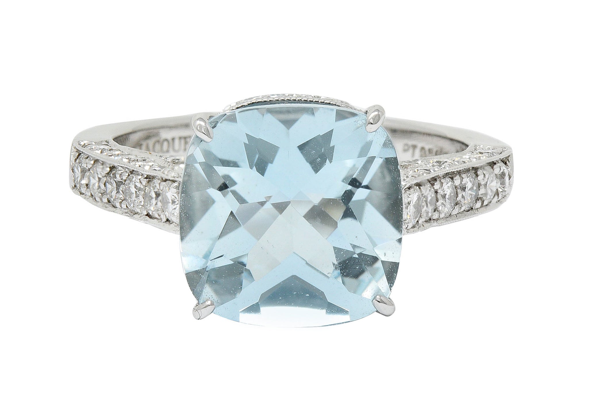 Checkerboard Cushion Cut 5.95 CTW Aquamarine Diamond Platinum Cocktail RingRing - Wilson's Estate Jewelry