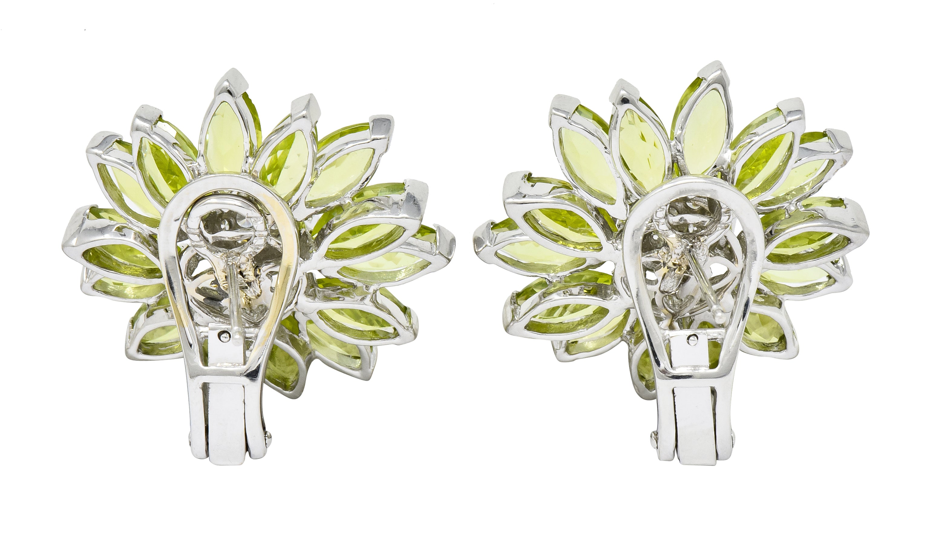 1990's Contemporary Diamond Peridot 18 Karat White Gold Radiating Floral Earrings - Wilson's Estate Jewelry