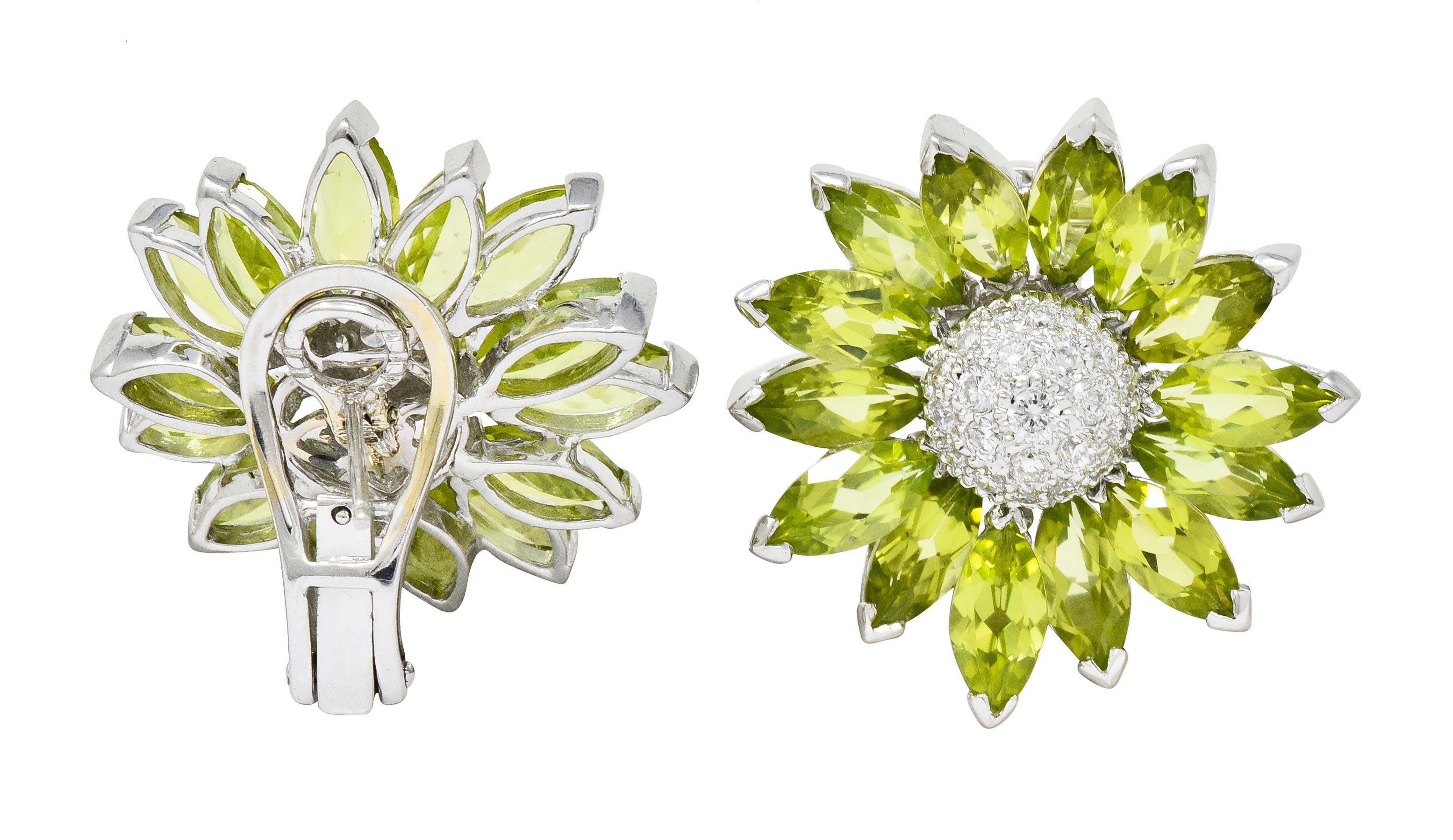 1990's Contemporary Diamond Peridot 18 Karat White Gold Radiating Floral Earrings - Wilson's Estate Jewelry