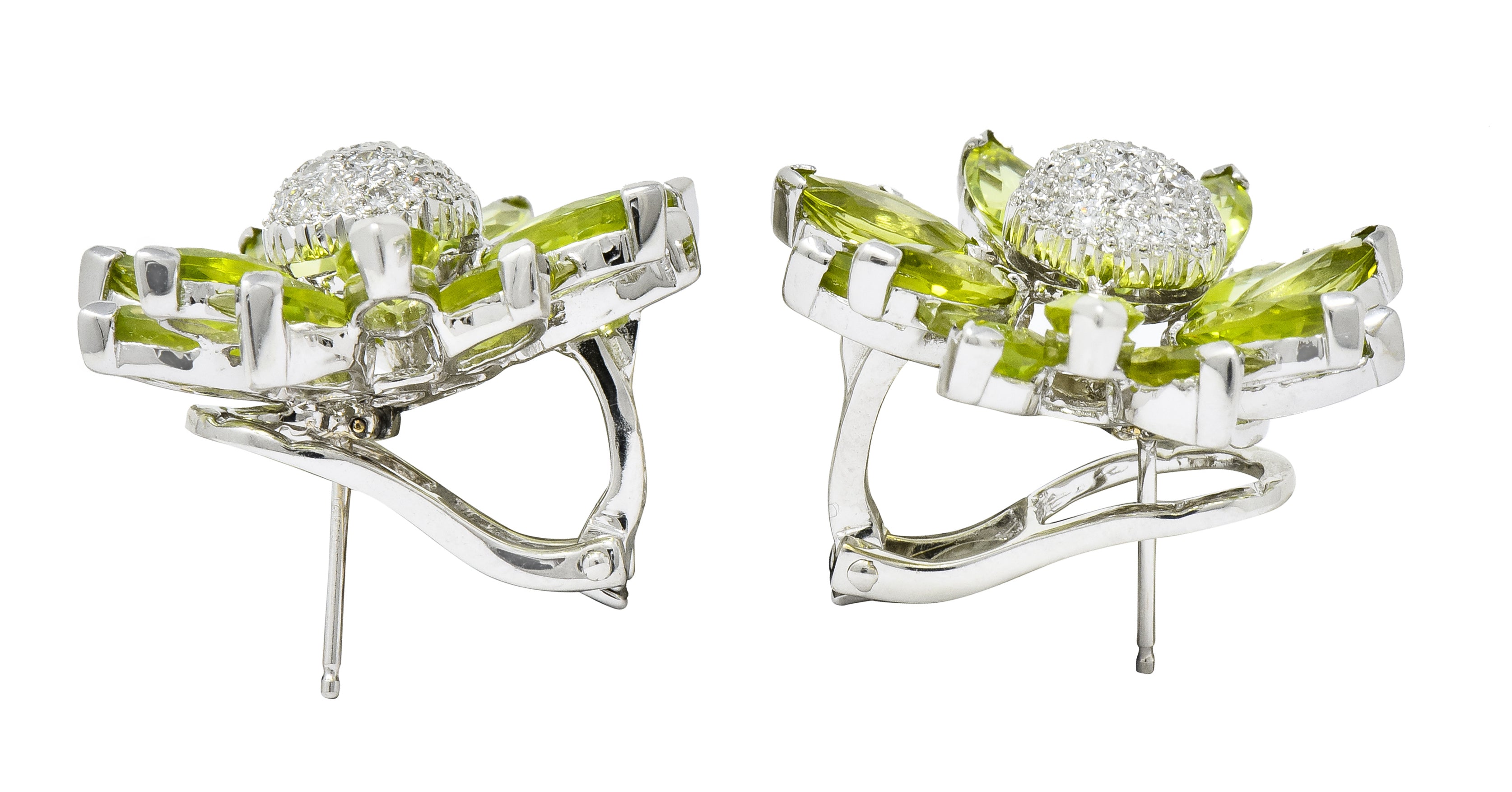 1990's Contemporary Diamond Peridot 18 Karat White Gold Radiating Floral Earrings - Wilson's Estate Jewelry