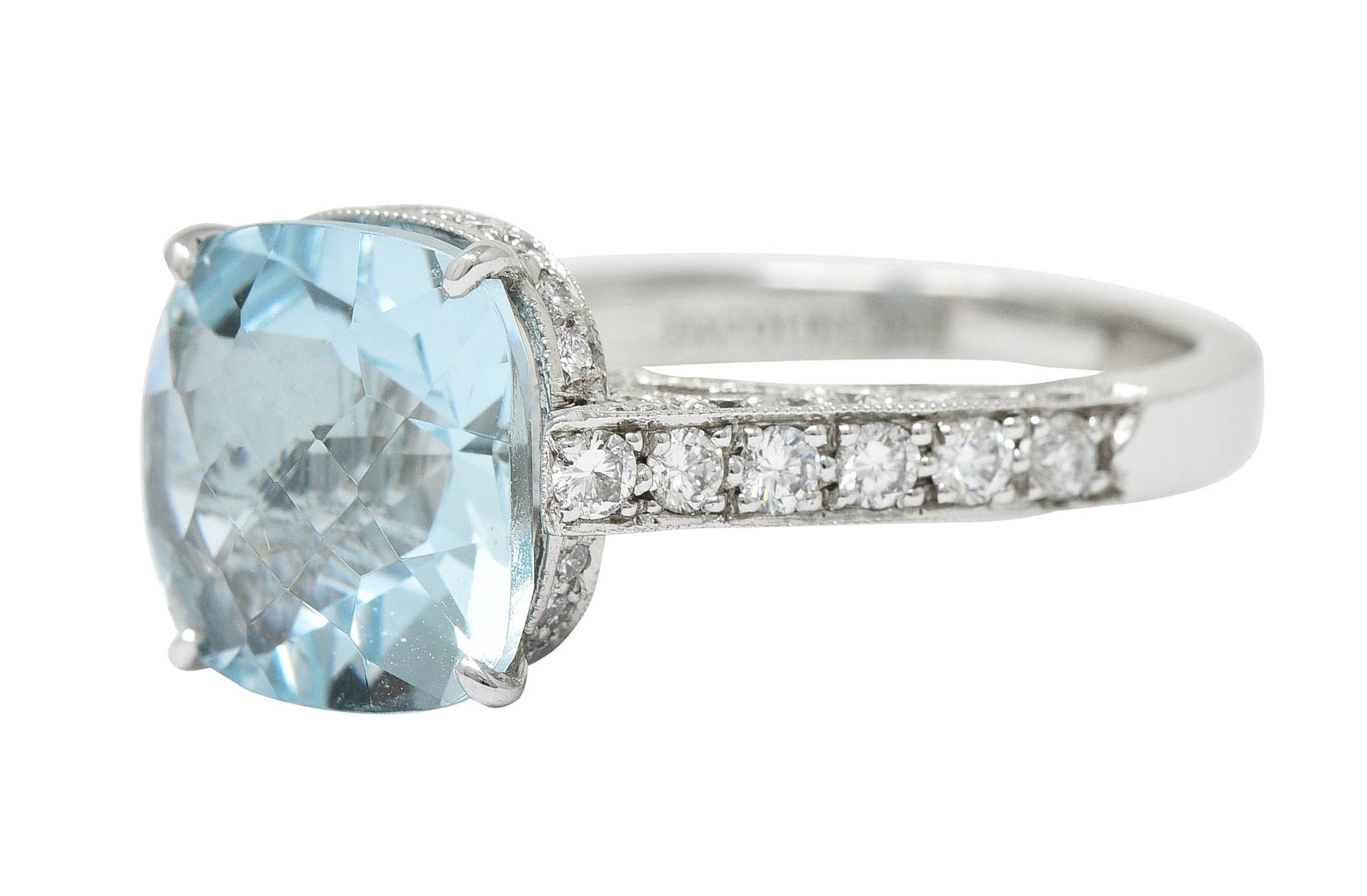 Checkerboard Cushion Cut 5.95 CTW Aquamarine Diamond Platinum Cocktail RingRing - Wilson's Estate Jewelry