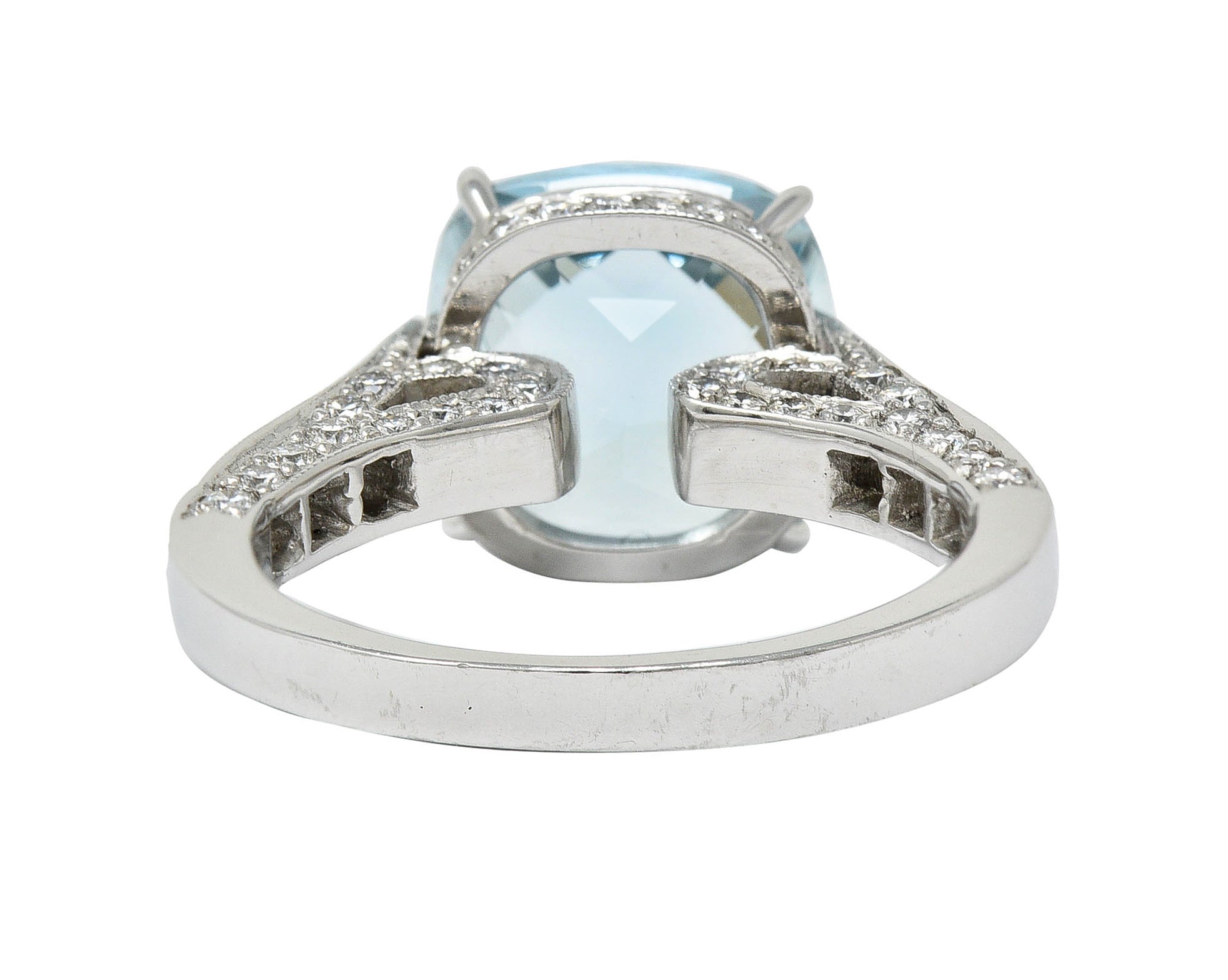 Checkerboard Cushion Cut 5.95 CTW Aquamarine Diamond Platinum Cocktail RingRing - Wilson's Estate Jewelry