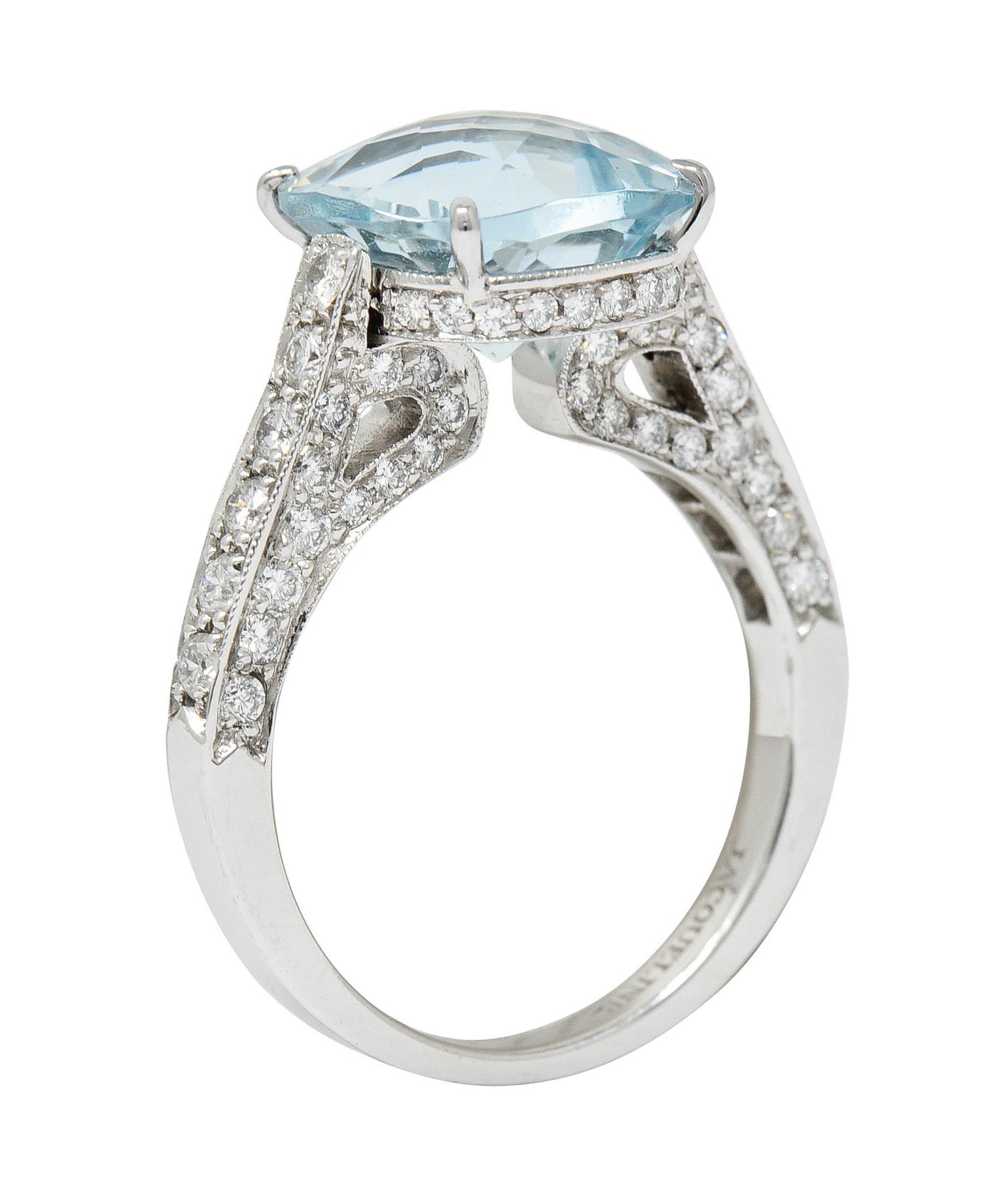 Checkerboard Cushion Cut 5.95 CTW Aquamarine Diamond Platinum Cocktail RingRing - Wilson's Estate Jewelry