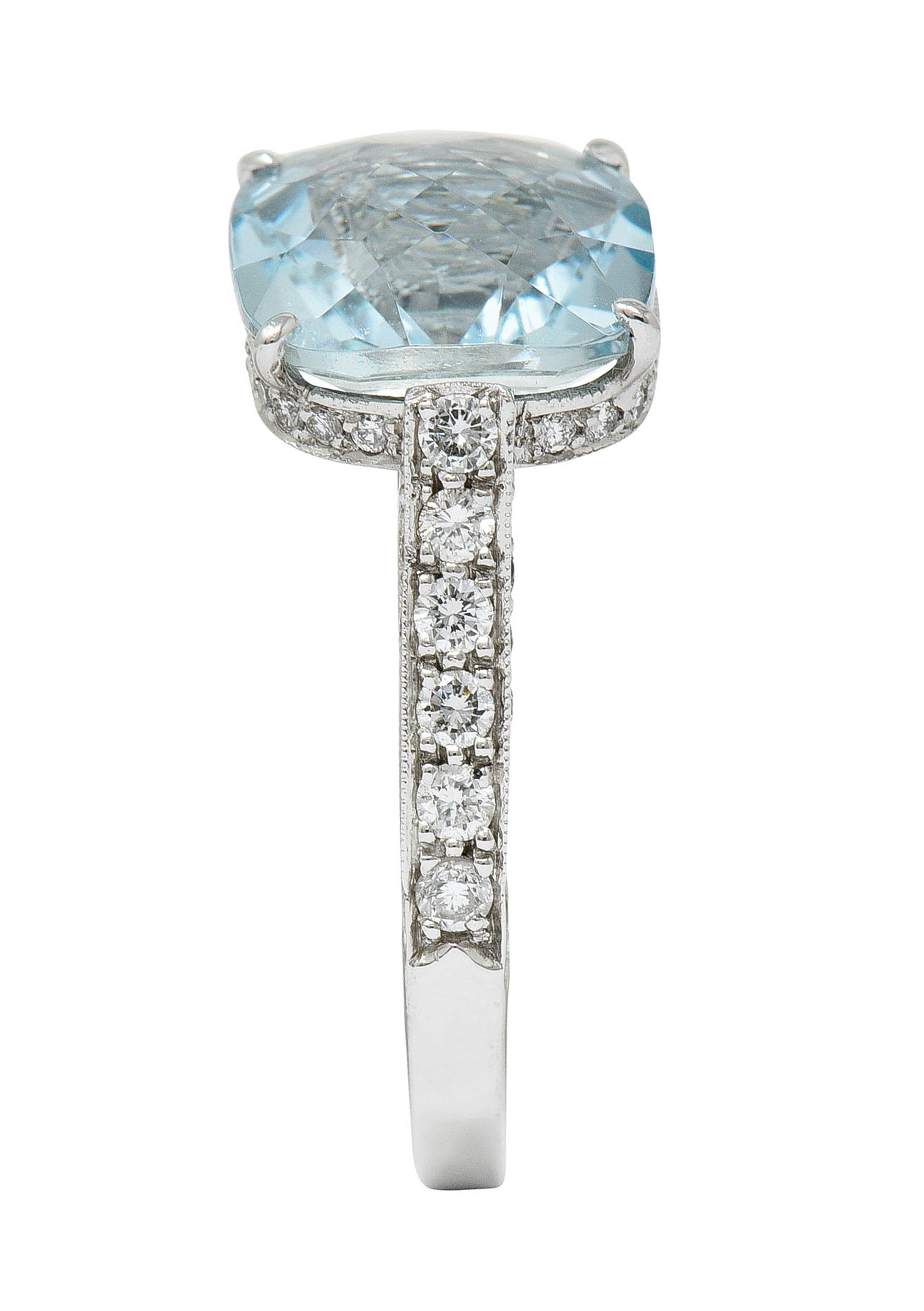 Checkerboard Cushion Cut 5.95 CTW Aquamarine Diamond Platinum Cocktail RingRing - Wilson's Estate Jewelry