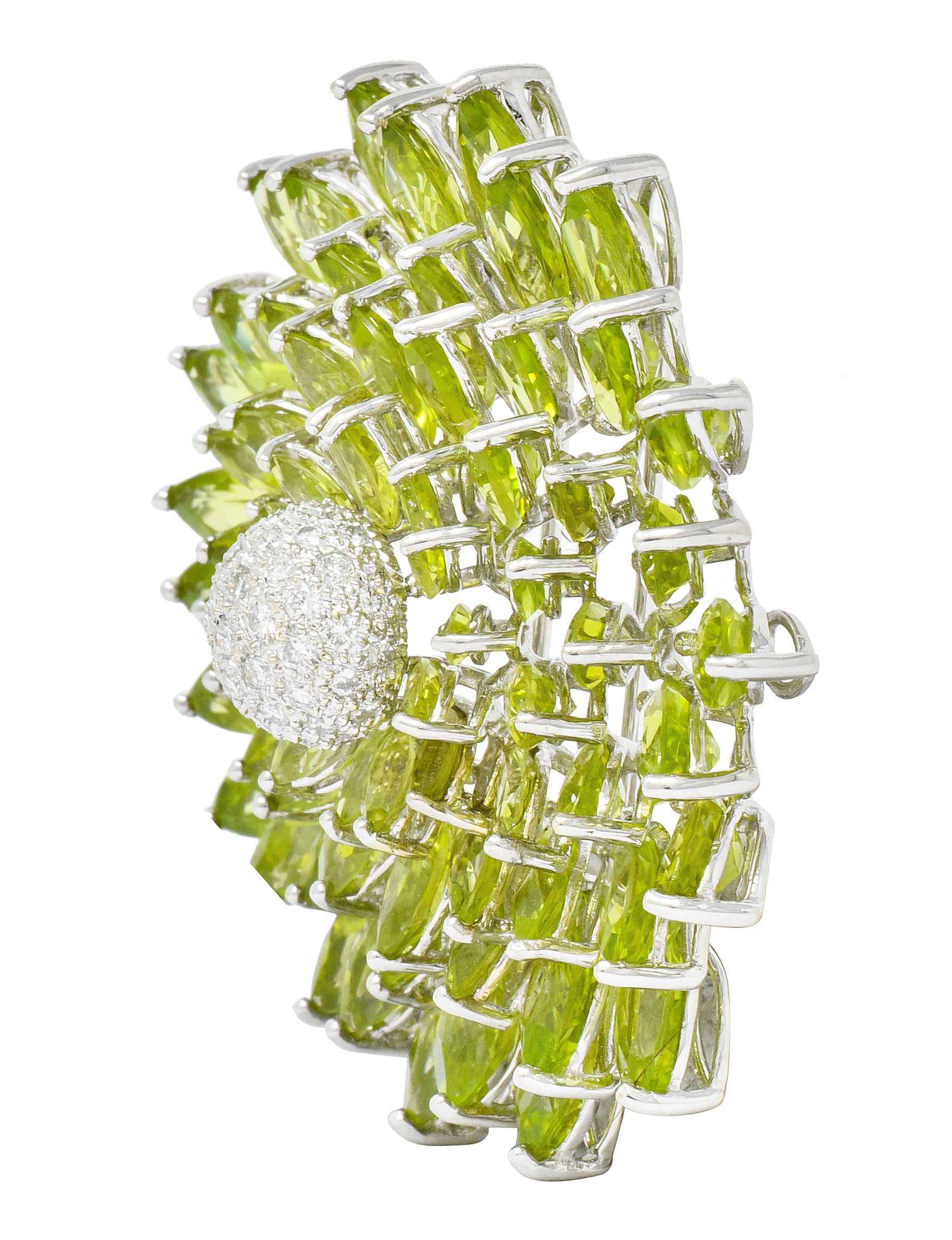 Contemporary Diamond Peridot 18 Karat White Gold Radiating Floral Brooch - Wilson's Estate Jewelry