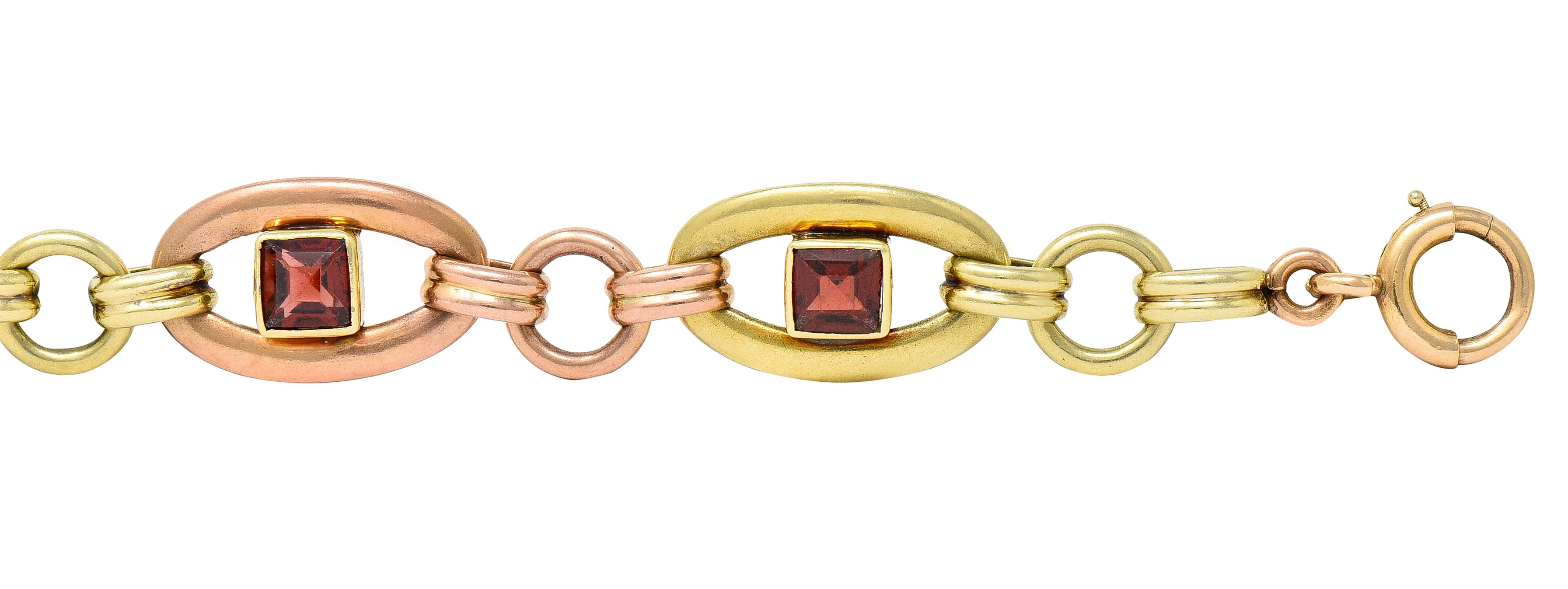 1940's Retro Garnet 14 Karat Two-Tone Gold Gemstone Link Bracelet Wilson's Estate Jewelry