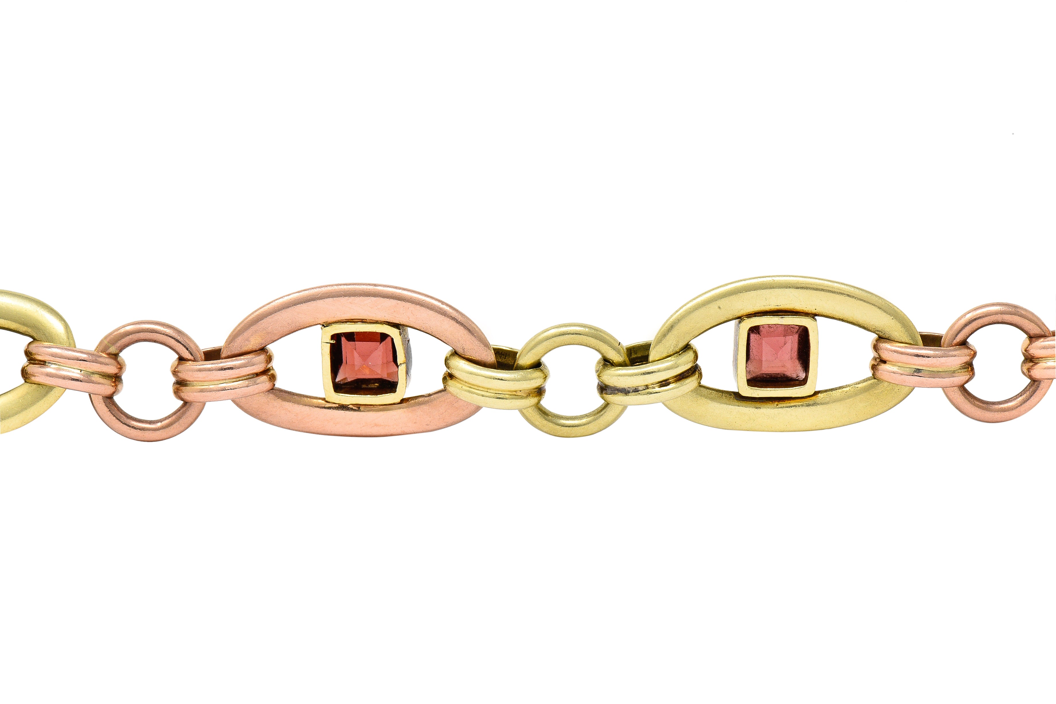 1940's Retro Garnet 14 Karat Two-Tone Gold Gemstone Link Bracelet Wilson's Estate Jewelry