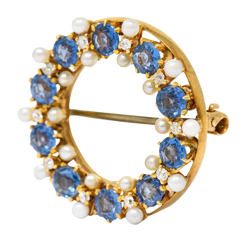 Antique A.J. Hedges 2.48 CTW Sapphire Diamond Pearl 14 Karat Yellow Gold Circle Brooch Wilson's Estate Jewelry