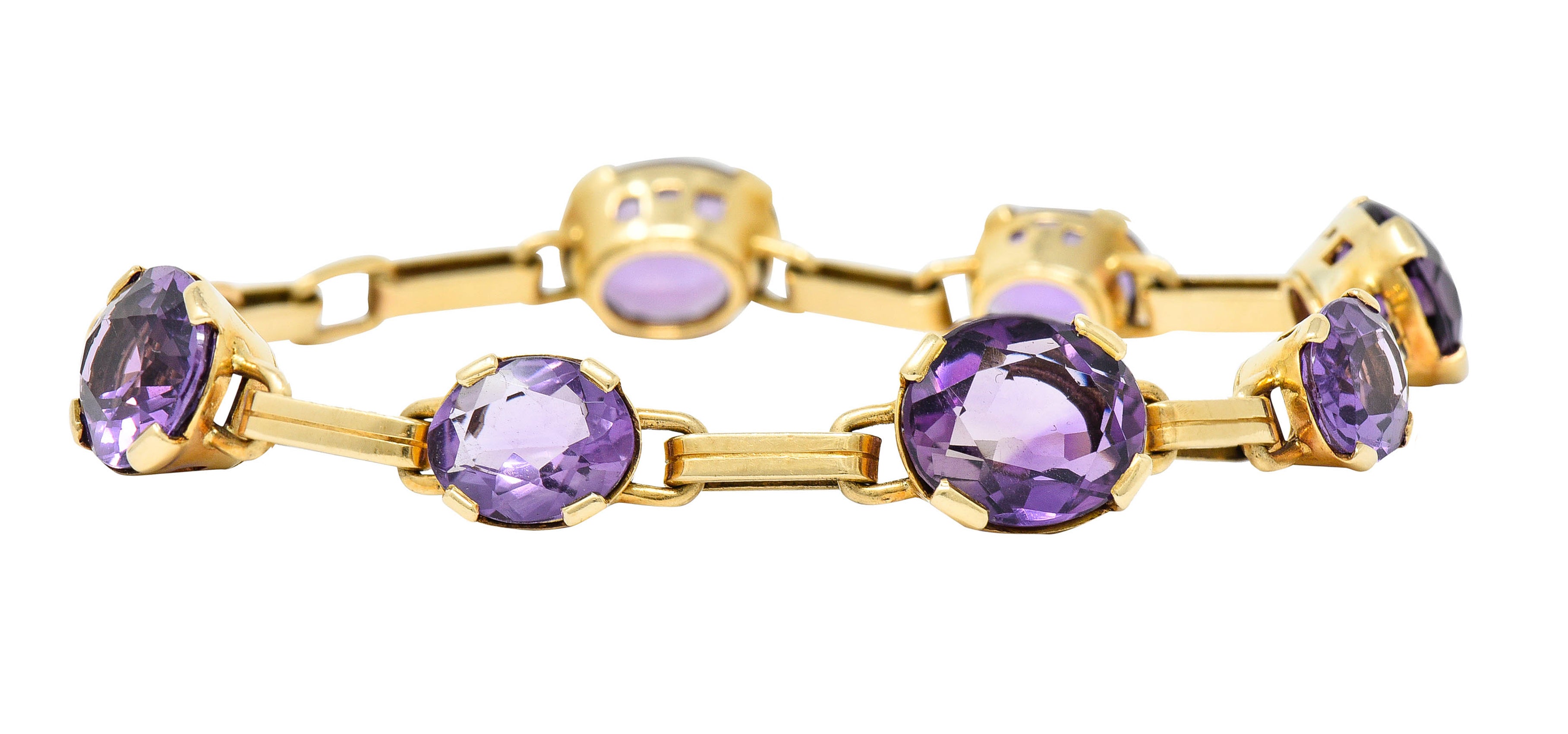 1940's Retro Amethyst 14 Karat Gold Station Link Braceletbracelet - Wilson's Estate Jewelry