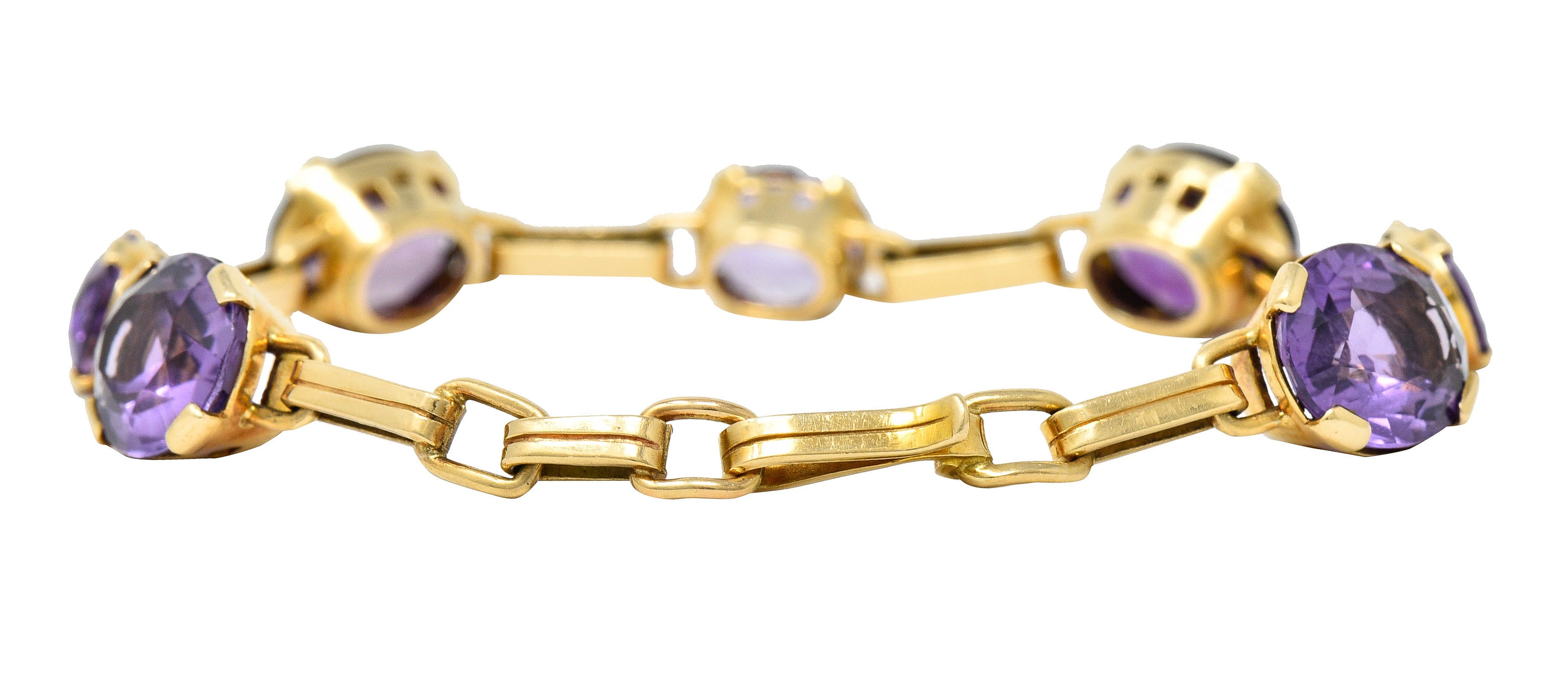 1940's Retro Amethyst 14 Karat Gold Station Link Braceletbracelet - Wilson's Estate Jewelry