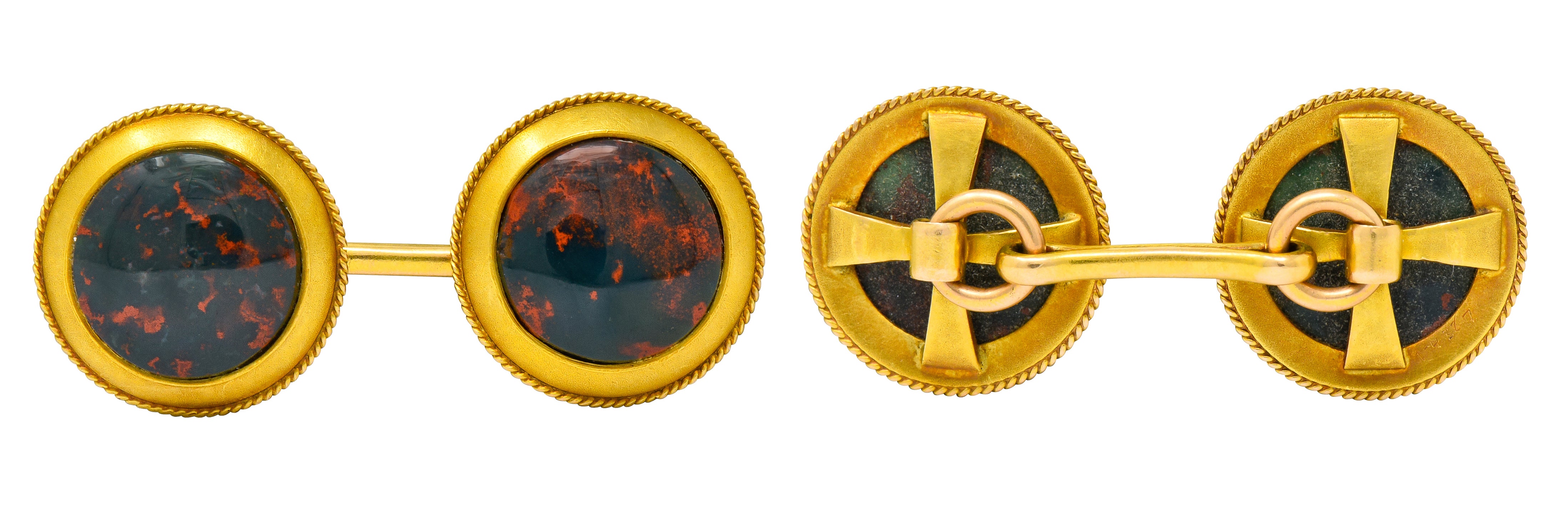 Art Nouveau Bloodstone Cabochon 14 Karat Gold Circular Men's Cufflinks - Wilson's Estate Jewelry