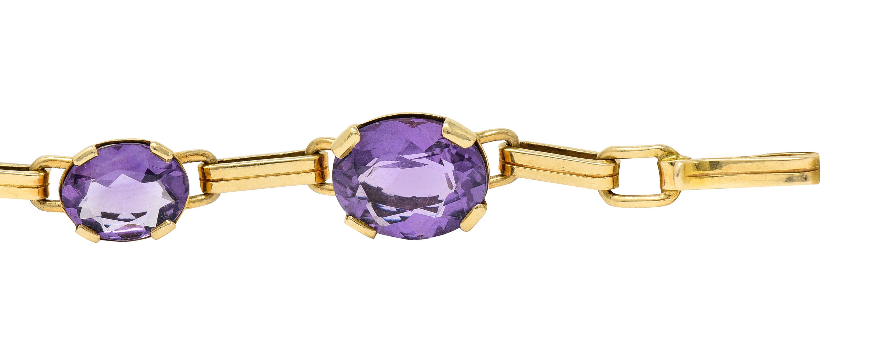 1940's Retro Amethyst 14 Karat Gold Station Link Braceletbracelet - Wilson's Estate Jewelry