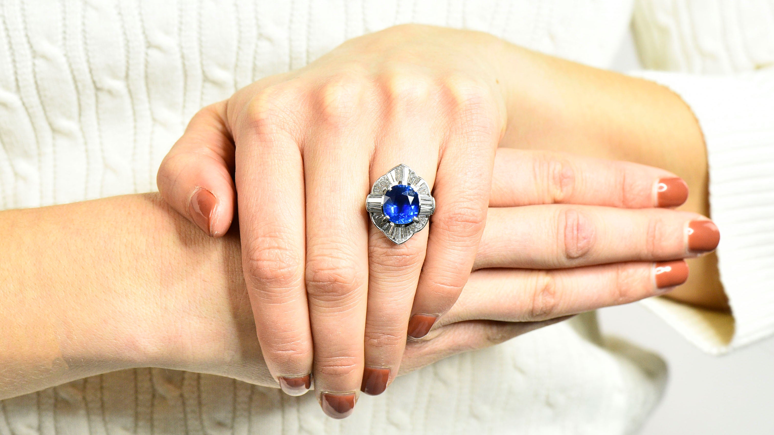 Contemporary 9.73 CTW Ceylon Sapphire Diamond Platinum Ballerina Halo Ring AGLRing - Wilson's Estate Jewelry