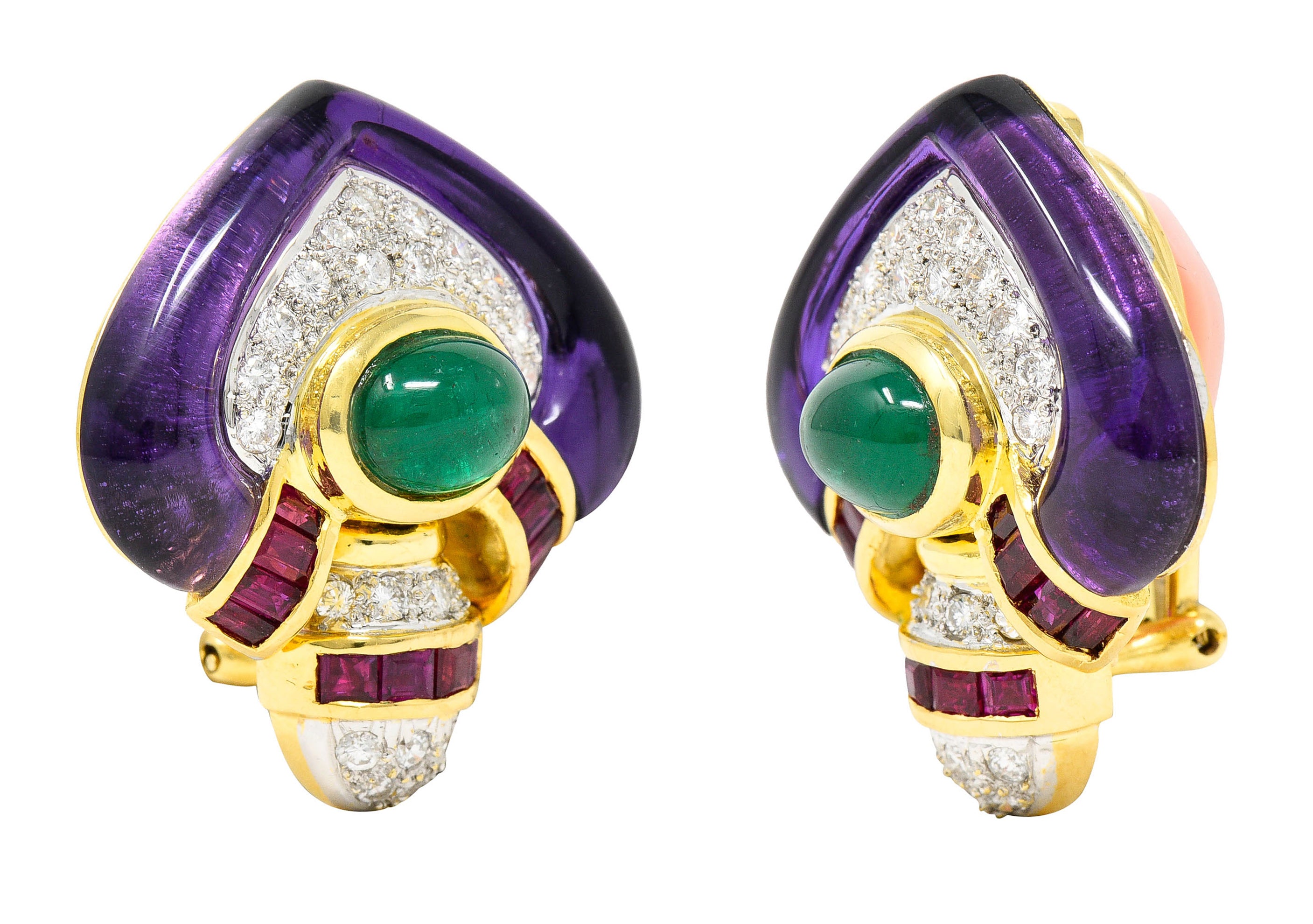 1990's Vintage Emerald Diamond Ruby 18 Karat Two-Tone Gold Chestnut EarringsEarrings - Wilson's Estate Jewelry