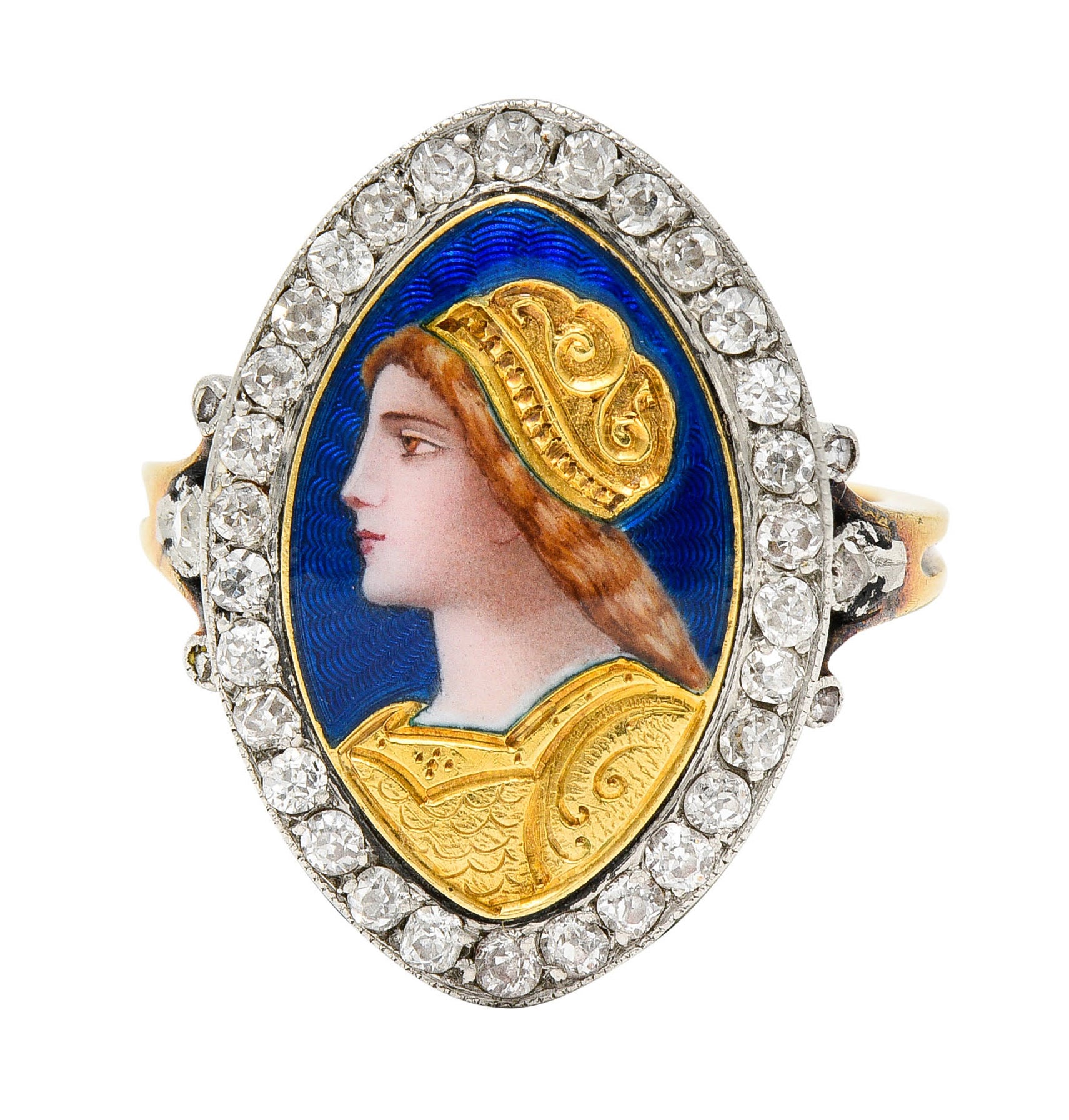 1890's Victorian Guilloche Enamel Diamond Platinum-Topped 18 Karat Gold Portrait RingRing - Wilson's Estate Jewelry