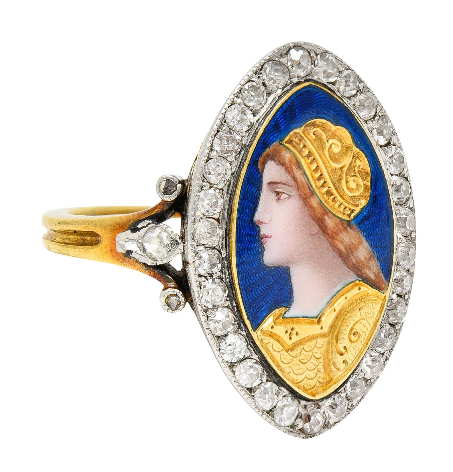 1890's Victorian Guilloche Enamel Diamond Platinum-Topped 18 Karat Gold Portrait RingRing - Wilson's Estate Jewelry