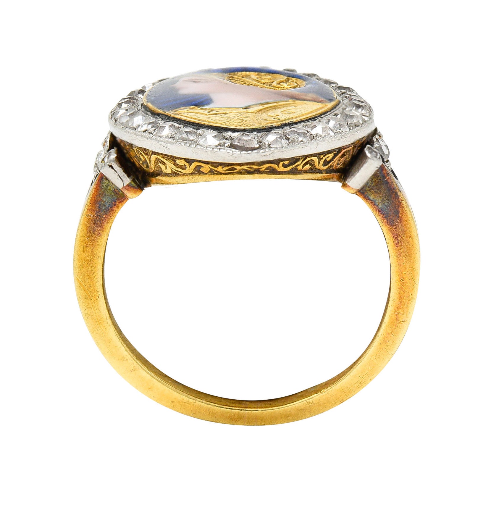 1890's Victorian Guilloche Enamel Diamond Platinum-Topped 18 Karat Gold Portrait RingRing - Wilson's Estate Jewelry