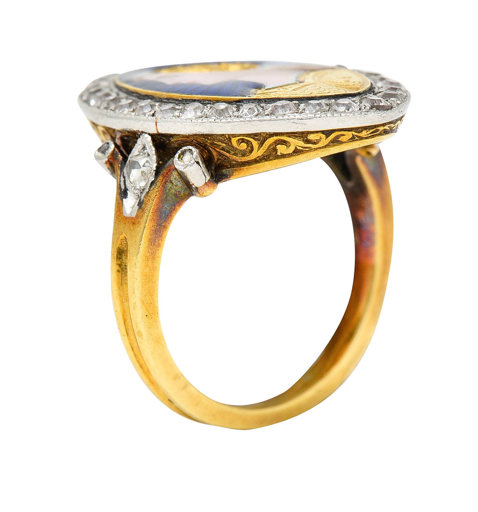 1890's Victorian Guilloche Enamel Diamond Platinum-Topped 18 Karat Gold Portrait RingRing - Wilson's Estate Jewelry