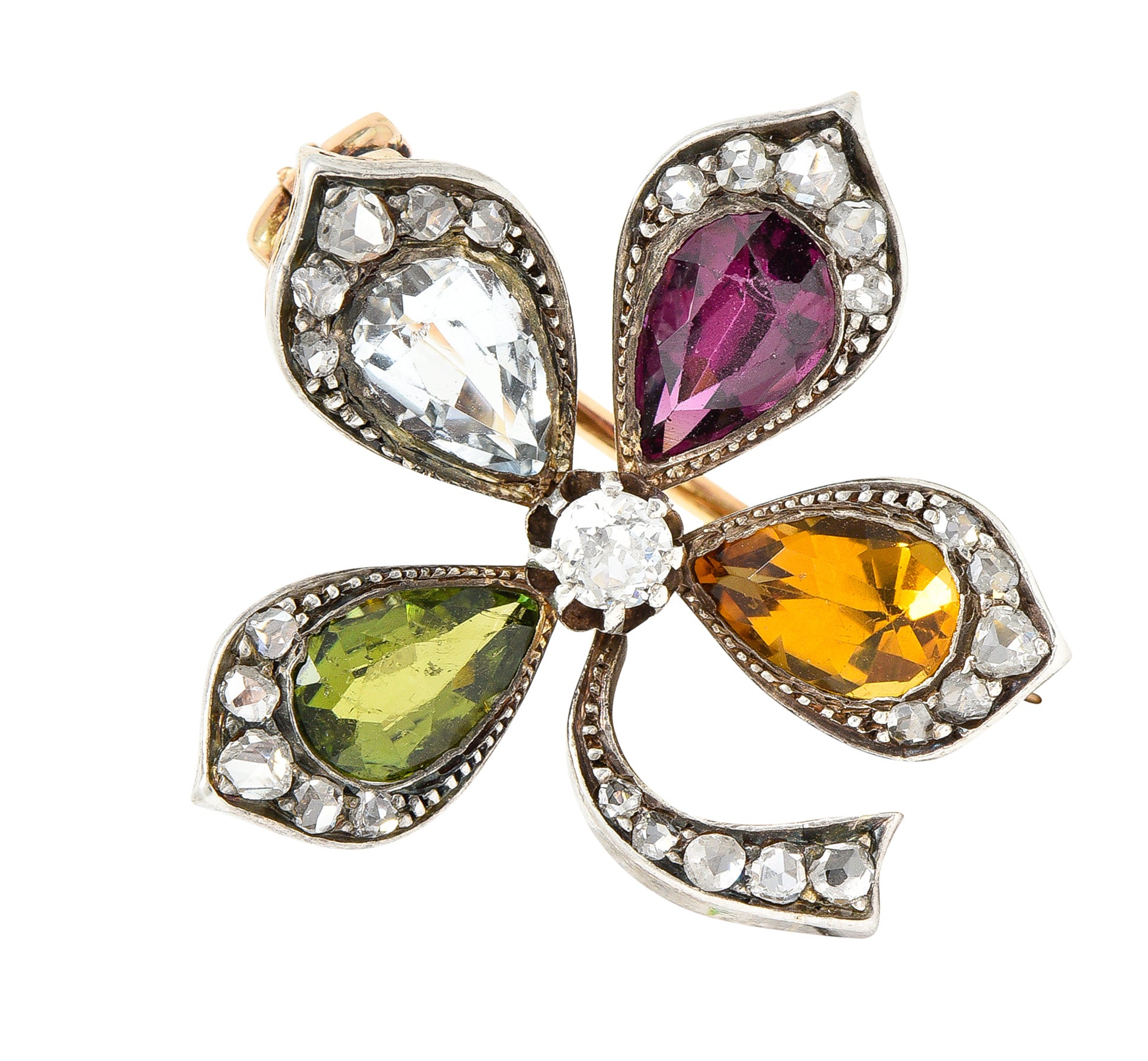 Victorian Aquamarine Garnet Citrine Peridot Diamond Silver-Topped 14 Karat Yellow Gold Four Leaf Clover Antique Brooch Wilson's Estate Jewelry