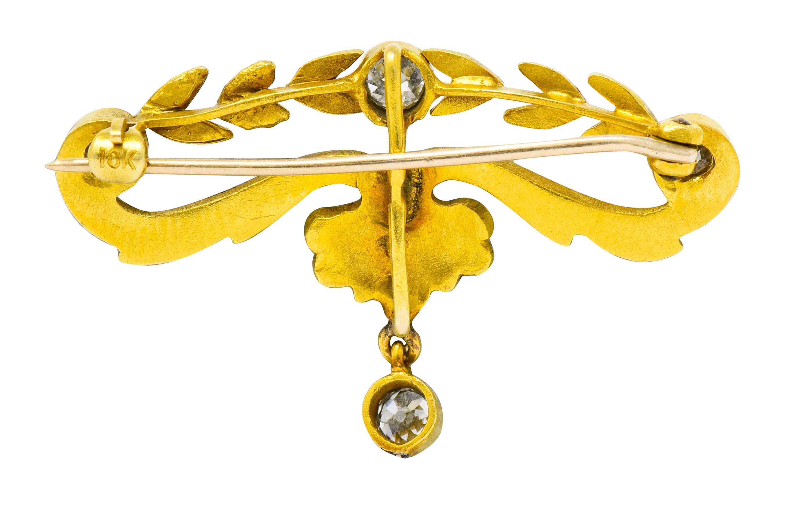 Art Nouveau Diamond Pearl Platinum-Topped 14 Karat Gold Articulated Foliate Brooch - Wilson's Estate Jewelry