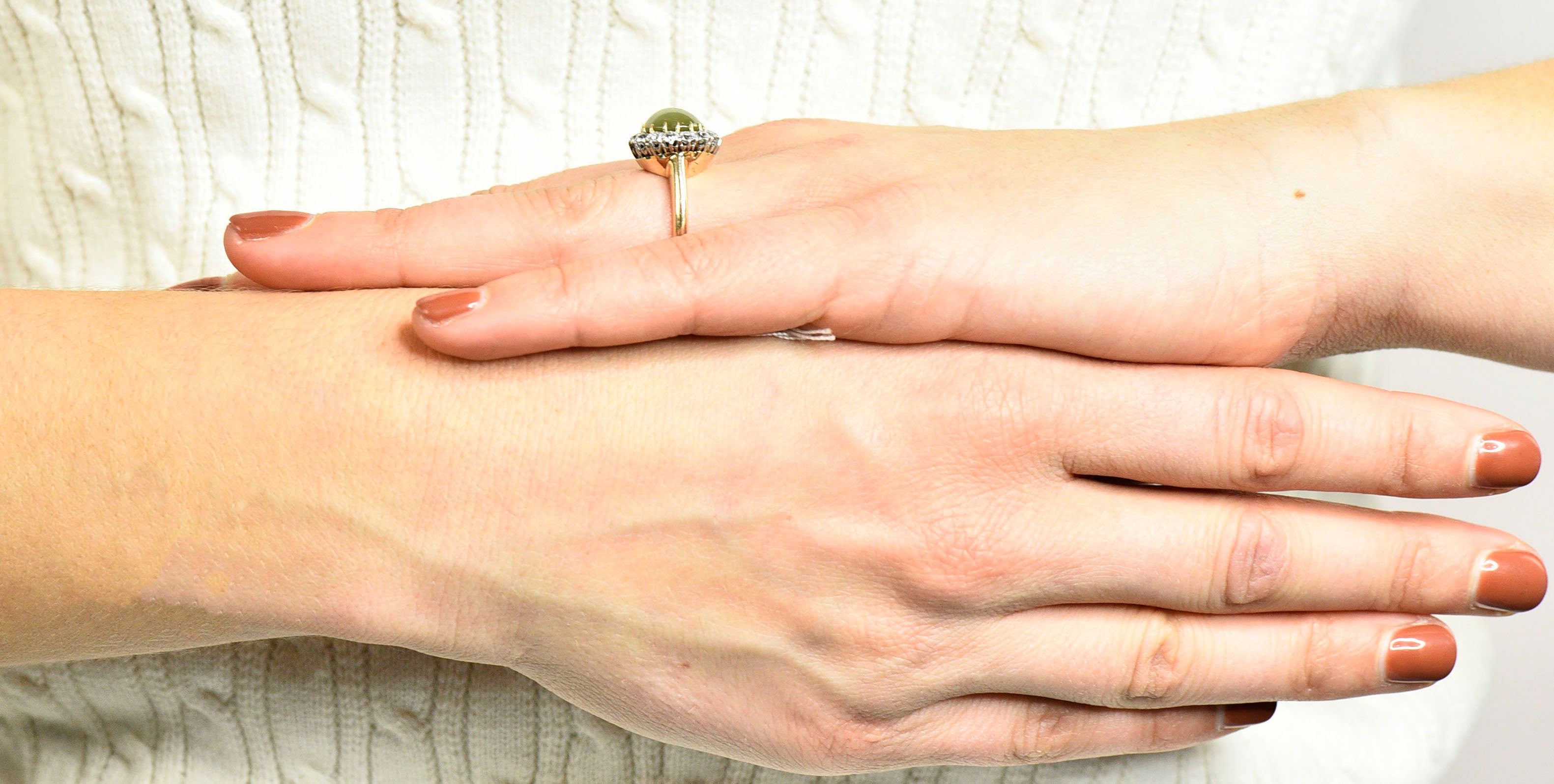 Edwardian Cat's Eye Chrysoberyl Diamond Platinum Cluster RingRing - Wilson's Estate Jewelry