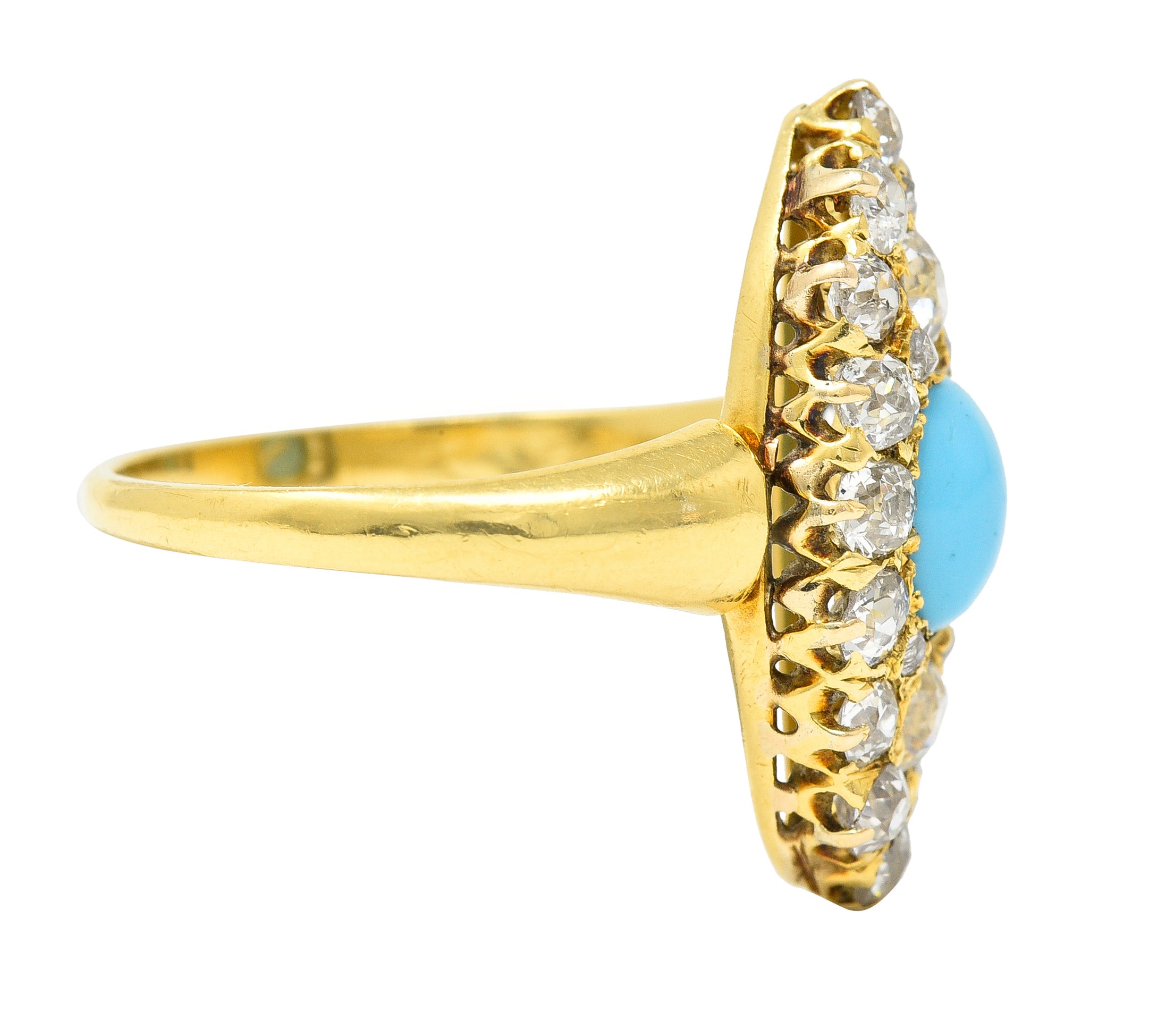 Victorian 1.68 CTW Old European Cut Diamond Turquoise 18 Karat Yellow Gold Antique Navette Cluster Ring Wilson's Estate Jewelry