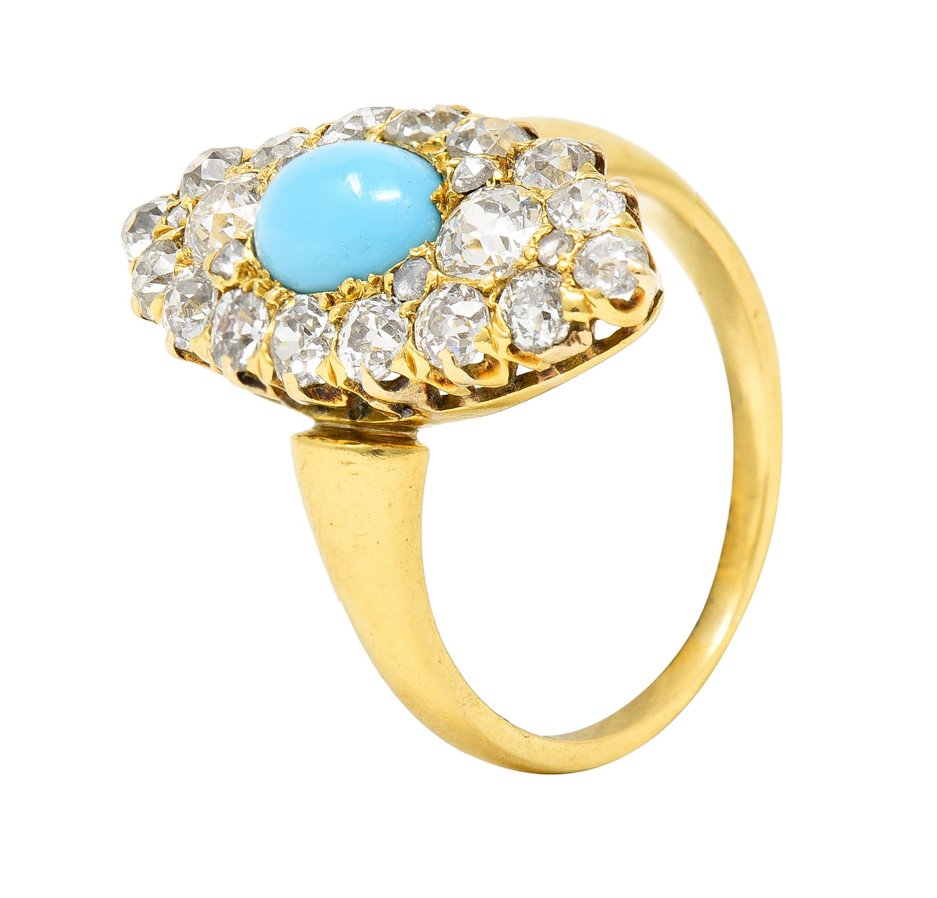 Victorian 1.68 CTW Old European Cut Diamond Turquoise 18 Karat Yellow Gold Antique Navette Cluster Ring Wilson's Estate Jewelry