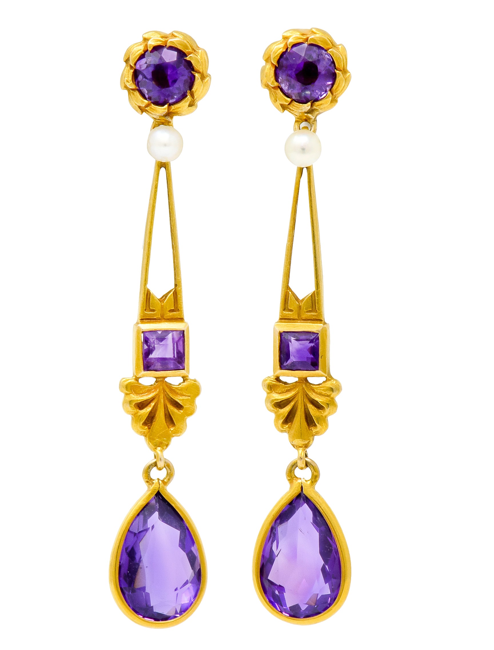 Victorian Amethyst Pearl 14 Karat Gold Foliate Drop Earrings - Wilson's Estate Jewelry