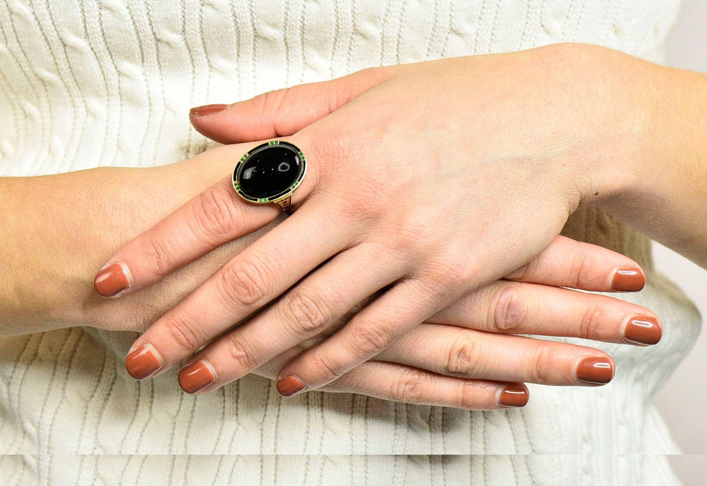 Art Deco Onyx Enamel 14 Karat Gold Cabochon Statement RingRing - Wilson's Estate Jewelry