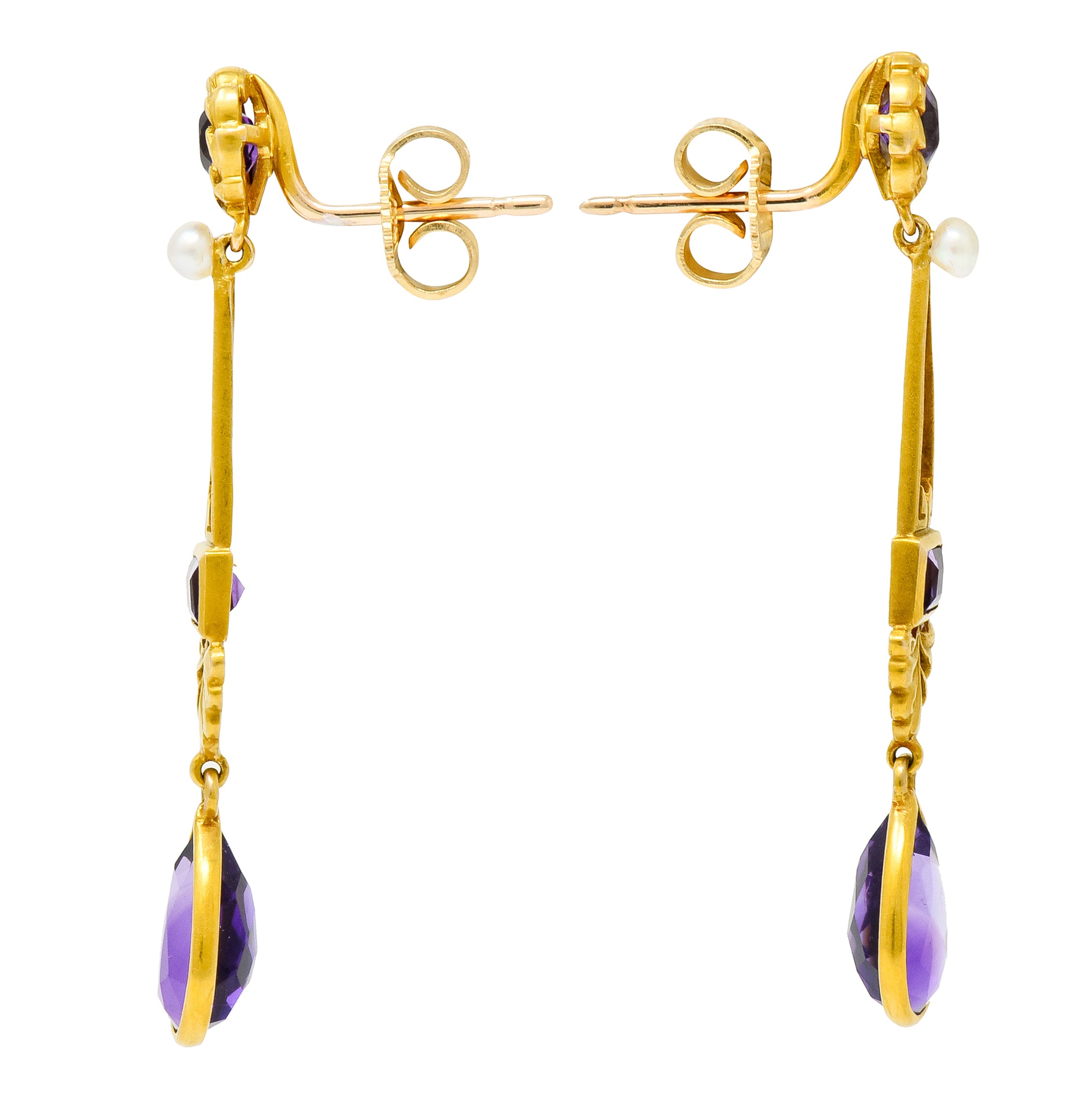 Victorian Amethyst Pearl 14 Karat Gold Foliate Drop Earrings - Wilson's Estate Jewelry