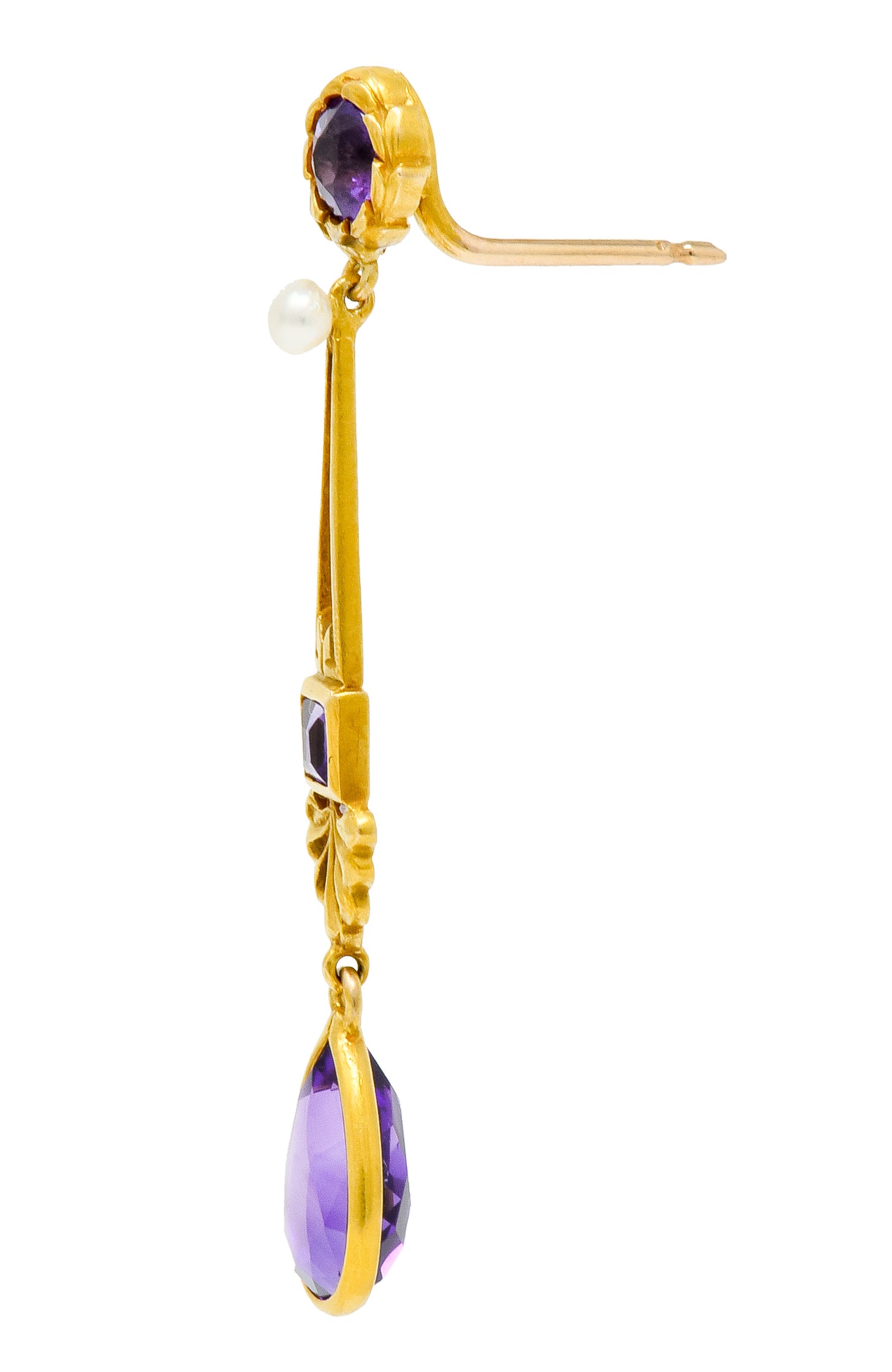 Victorian Amethyst Pearl 14 Karat Gold Foliate Drop Earrings - Wilson's Estate Jewelry