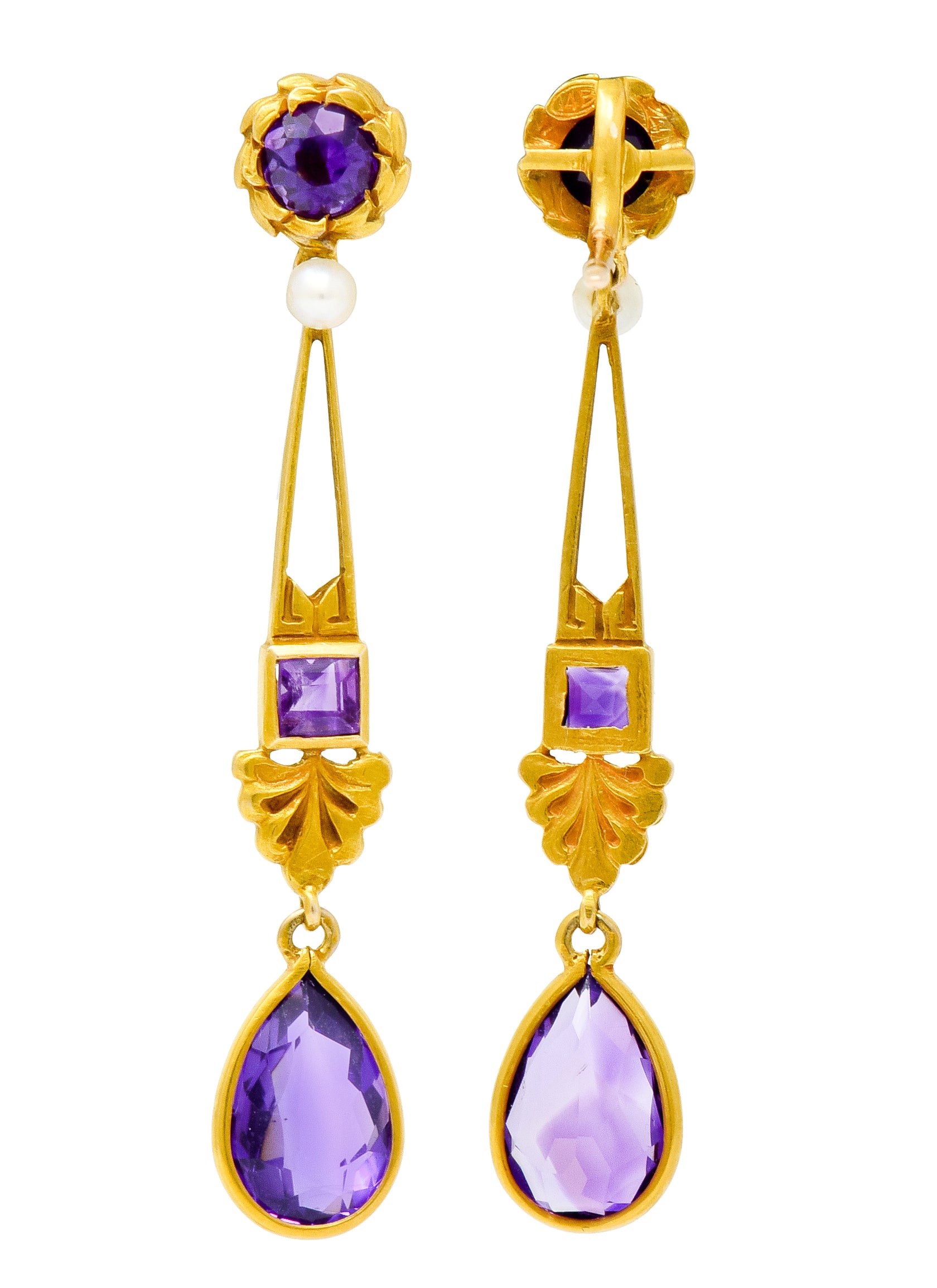 Victorian Amethyst Pearl 14 Karat Gold Foliate Drop Earrings - Wilson's Estate Jewelry