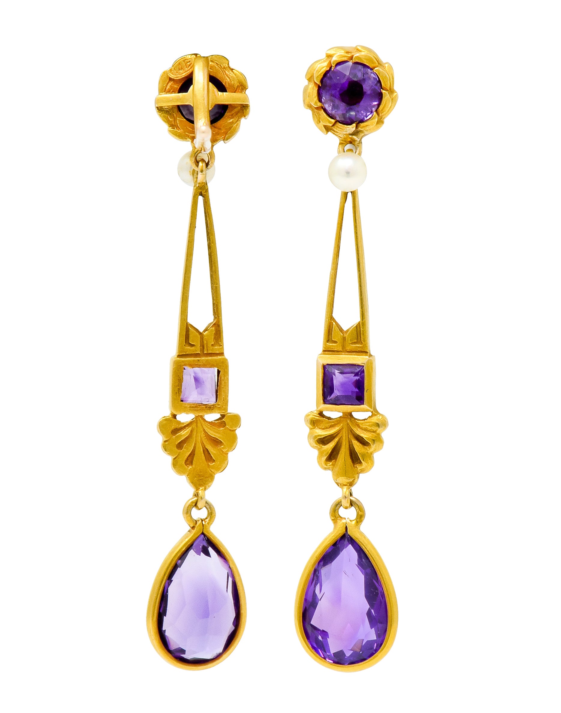 Victorian Amethyst Pearl 14 Karat Gold Foliate Drop Earrings - Wilson's Estate Jewelry