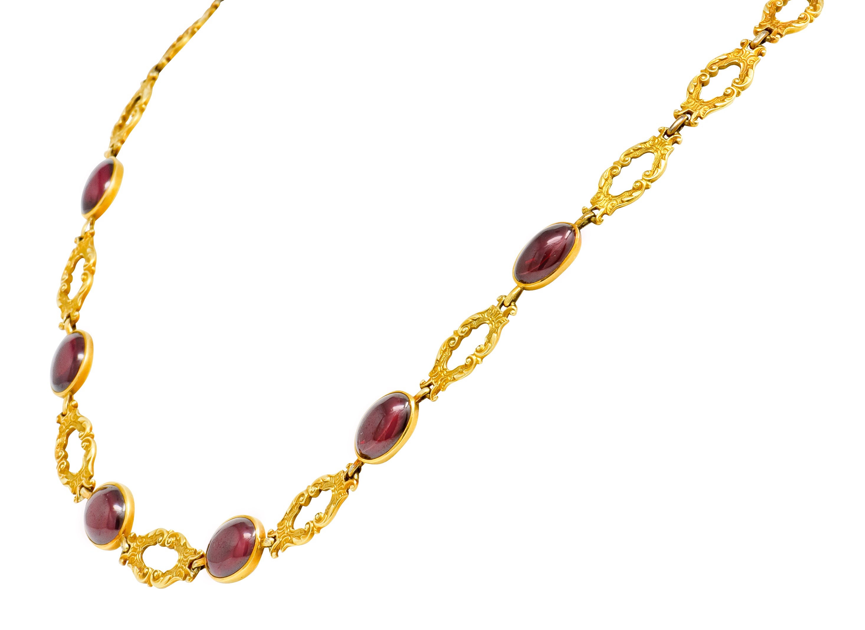 Late Victorian Rhodolite Garnet Cabochon 14 Karat Gold Scrolled Foliate Collar Necklace - Wilson's Estate Jewelry