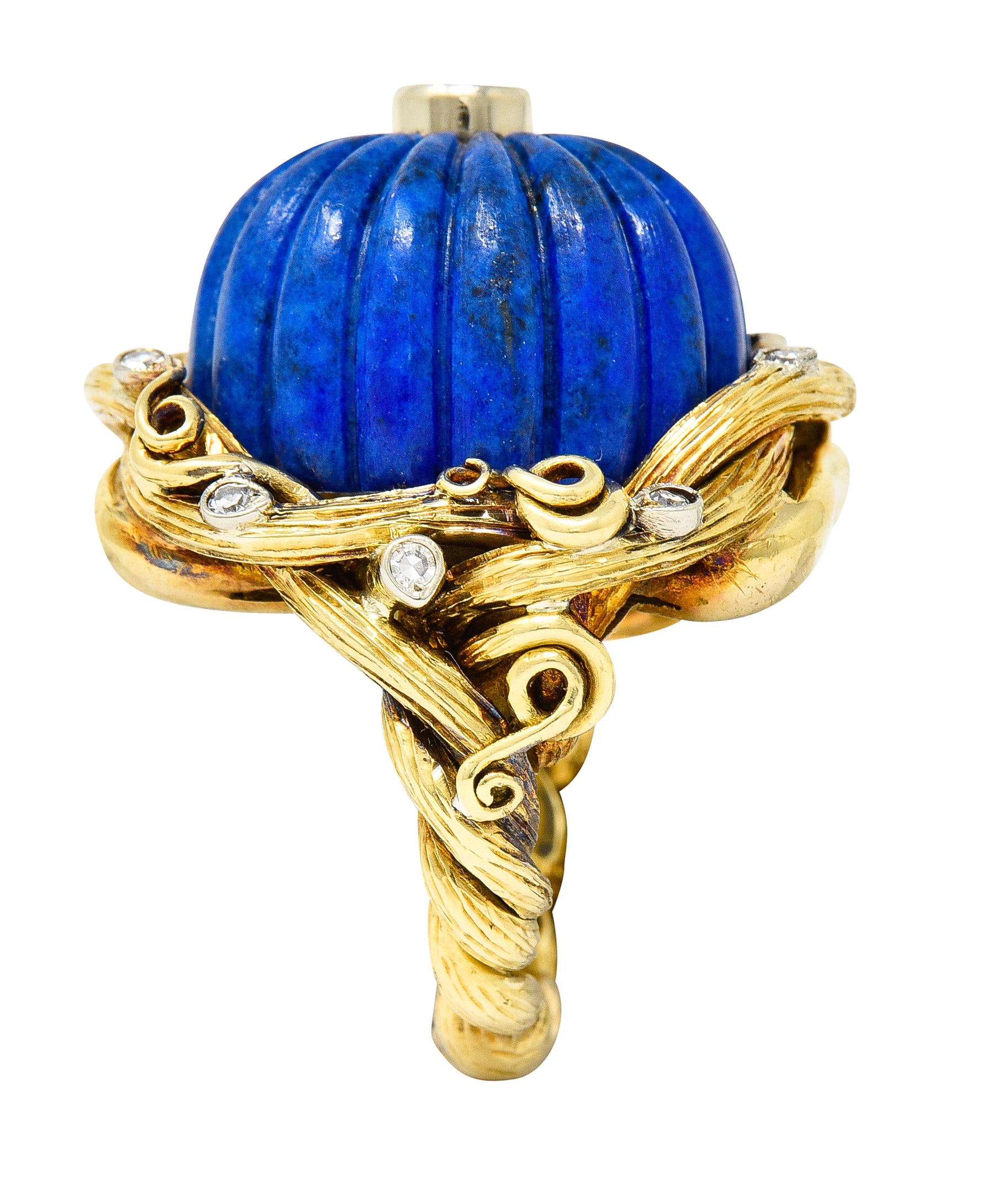 1960's Vintage Carved Lapis Lazuli Diamond 18 Karat Two-Tone Gold Statement Ring Wilson's Estate Jewelry